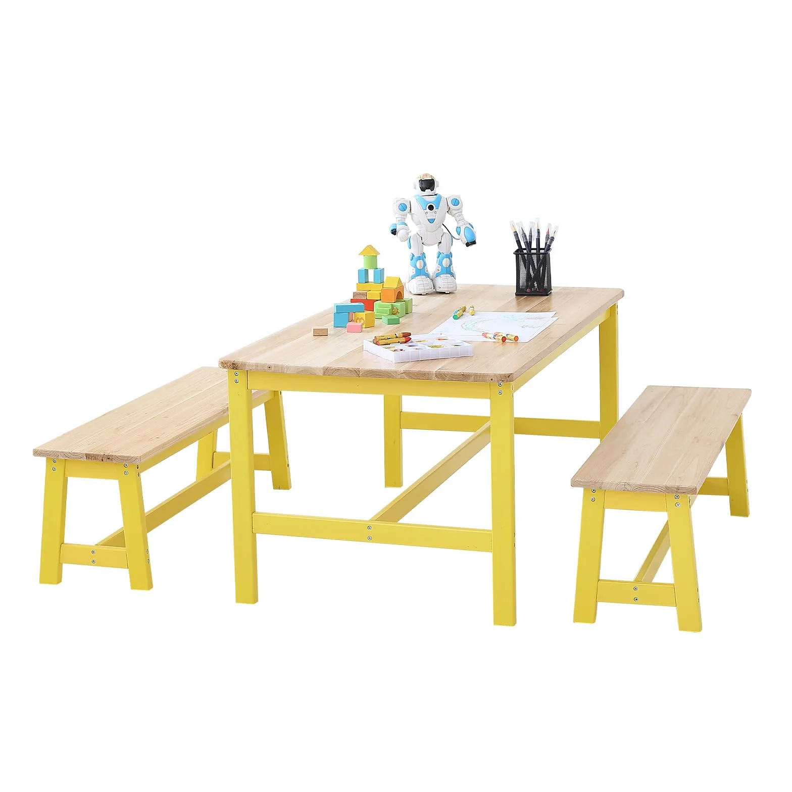 VEVOR 1 Mesa Infantil con 2 Bancos 1067x575x482 mm y 915x235x280 mm Conjunto de Muebles Infantiles Bandeja Fácil de Limpiar para Estudiar Comer Jugar Leer Guardería Dormitorio Infantil de 2 a 8 Años