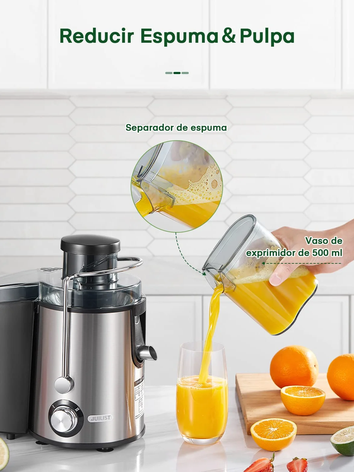 Juilist Licuadora para Verduras y Frutas,Acero Inoxidable, Extractor de Zumos y Verduras, Fácil Limpieza Con 65MM de Boca Ancha y 2 Velocidades, Extractor de Jugos Antideslizante, Antigoteo, 600W