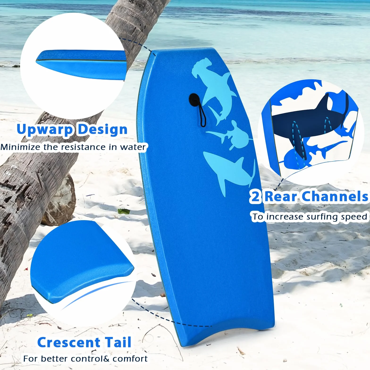 HOMASIS Bodyboard Antideslizante XPE HDPE Tabla Surf Estampado Tiburón Portátil Niños Adultos Azul