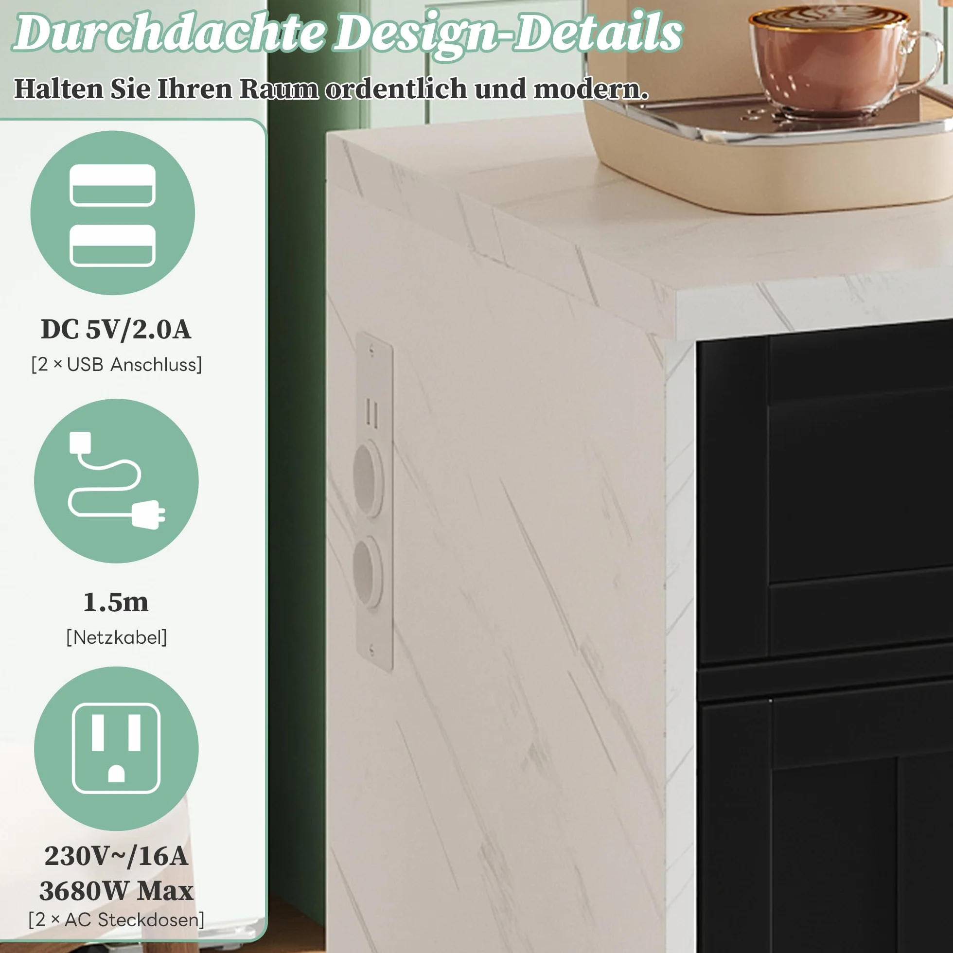 120 x 60 x 91 cm, isla de cocina, enchufes, puertos USB, cable de alimentación de 1,5 m de largo, estantes ajustables, asas de metal, toalleros, zonas de bar, adecuado para apartamentos, cocinas y