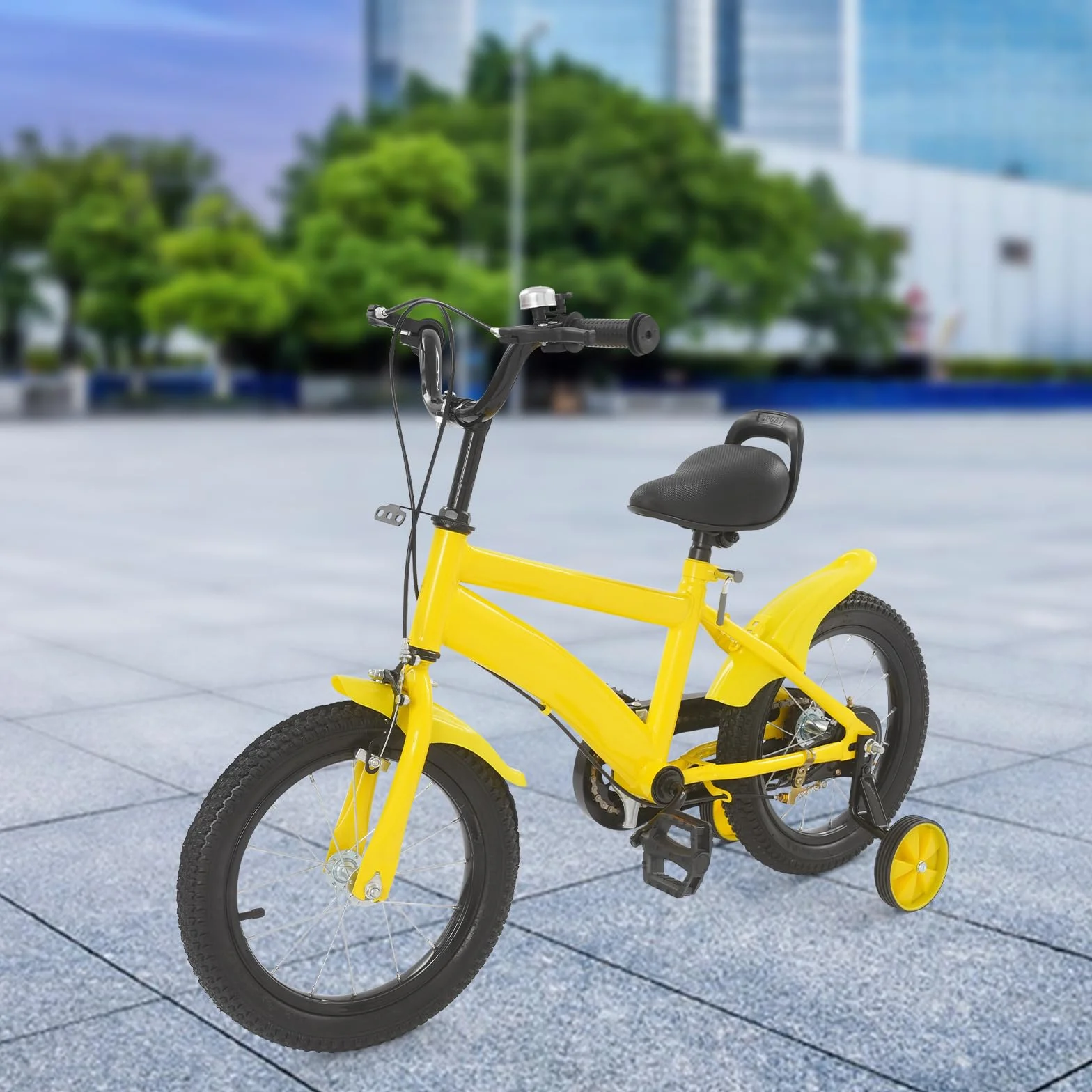 Bicicleta infantil 14 pulgadas ruedas estabilizadoras guardabarros asiento ajustable 43-49 cm amarillo negro