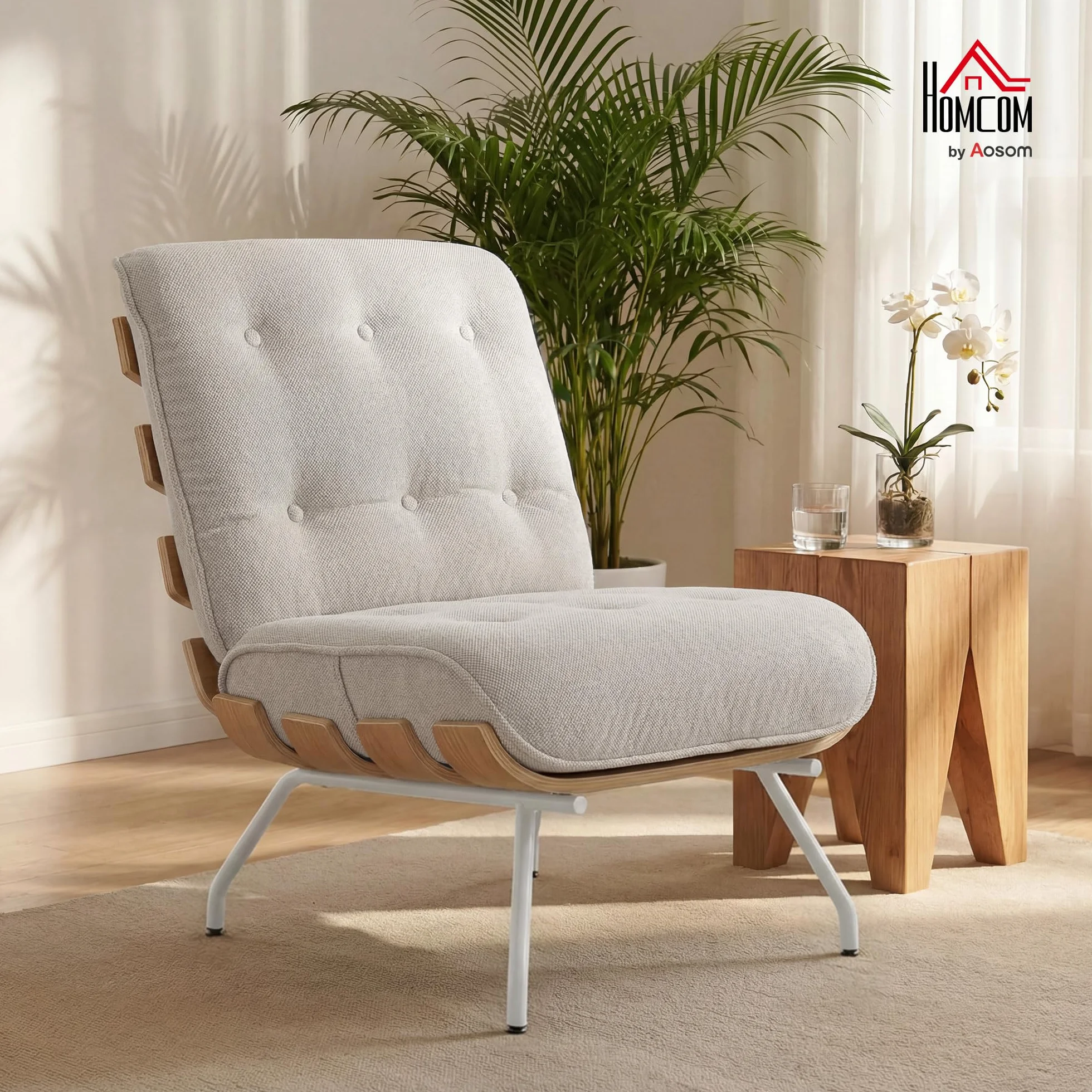 HOMCOM Butaca de Salón, Tapizado en Lino, Sillón Lectura con Asiento Acolchado, Soporte con Listones, Estructura de Acero, Butaca para Sala de Estar, Dormitorio, Crema