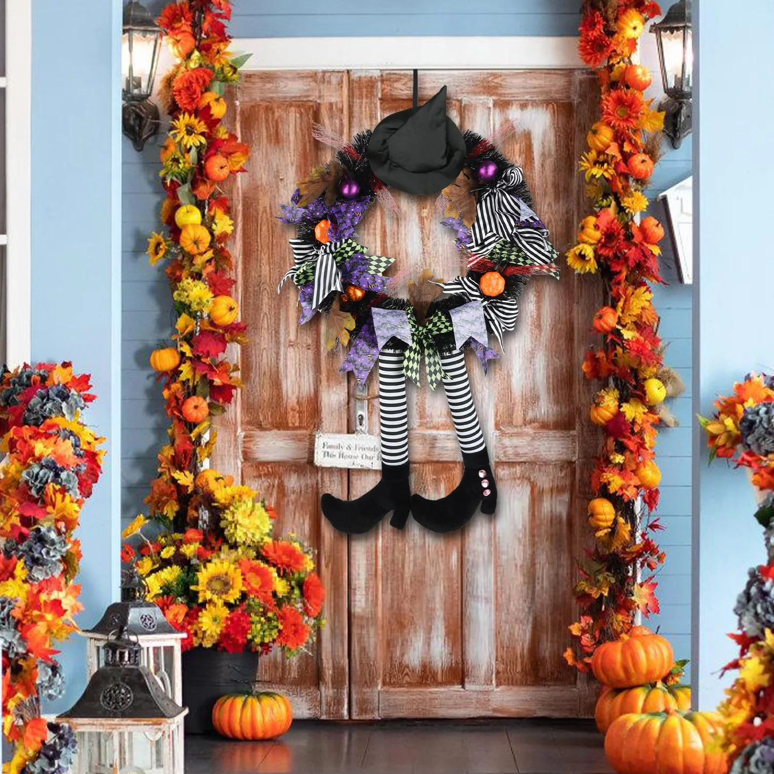 Timiyou Decoración de Corona de Halloween,Hallowee Guirnalda de Bruja, Pierna, Calabaza, Hoja de Arce,Corona De Halloween para Colgar En La Puerta Decoracion para Puerta de Casa, al Aire Libre