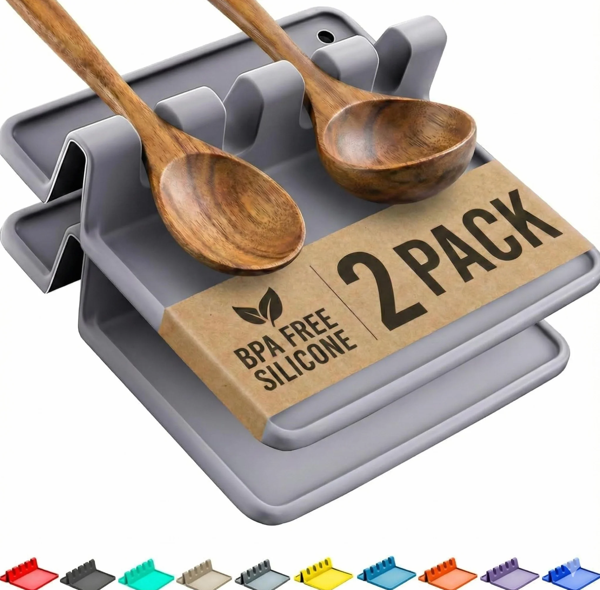 Silicona Gris Reposa Cuchara para Estufa con Almohadilla de Goteo (2 Conjuntos) Descansa Utensilio y Soporte de Cuchara para Mostrador de Cocina Libre de BPA