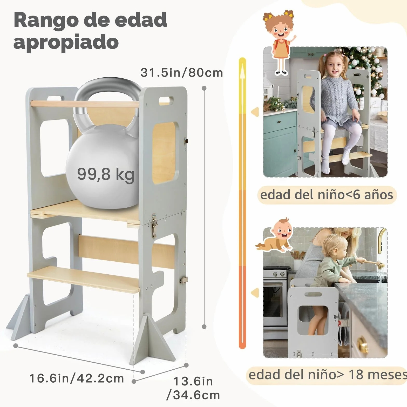 Labebe Torre de Aprendizaje Infantil 3 en 1 Plegable con Pizarra, Montessori para niños a Partir de 1 año