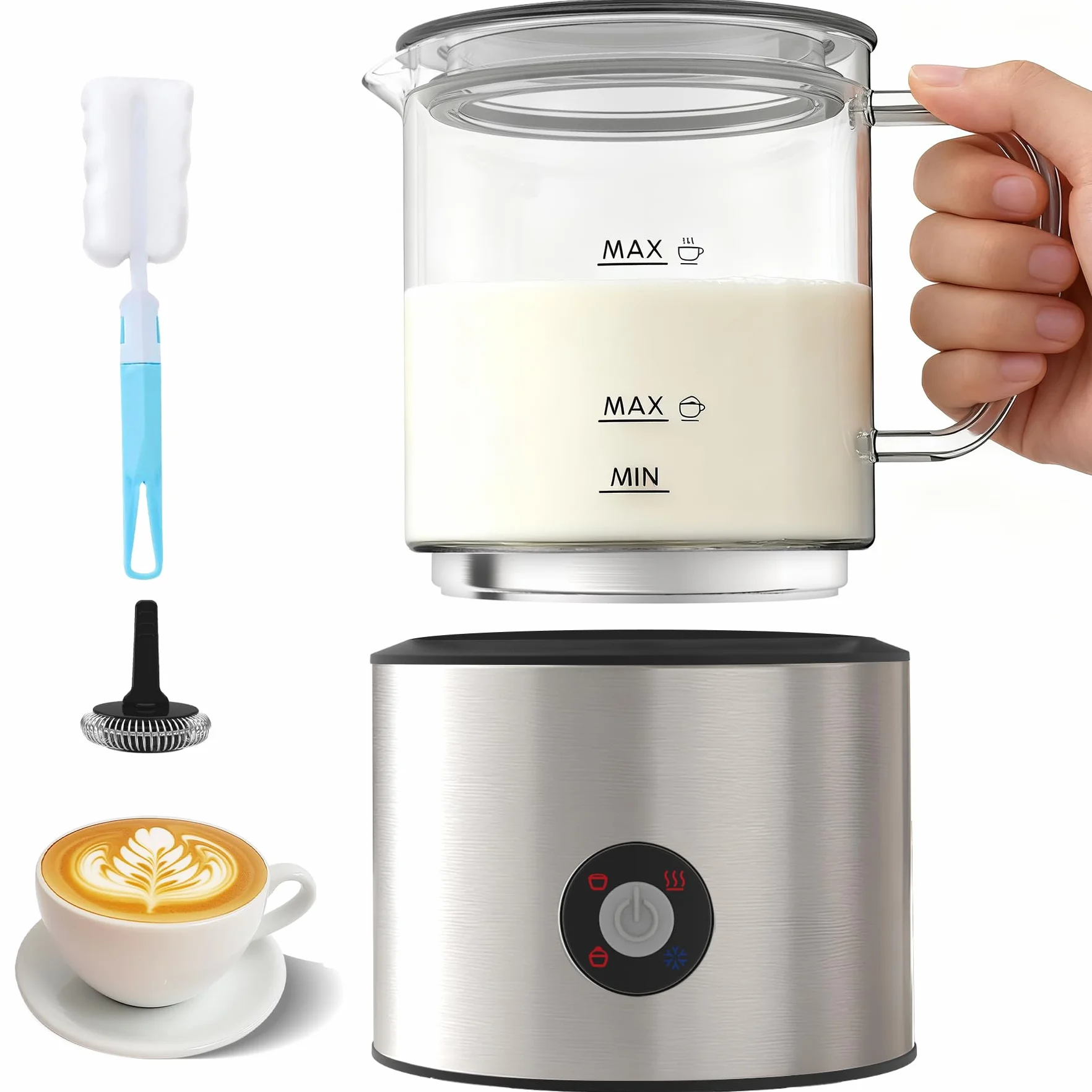 Espumador de Leche 4 en 1, Calienta leche Espumador Electrico 500ml Silenciosa, Calentador de Leche Inducción Automáticas con Desmontable Vaso de Vidrio, para Capuchino, Chocolate