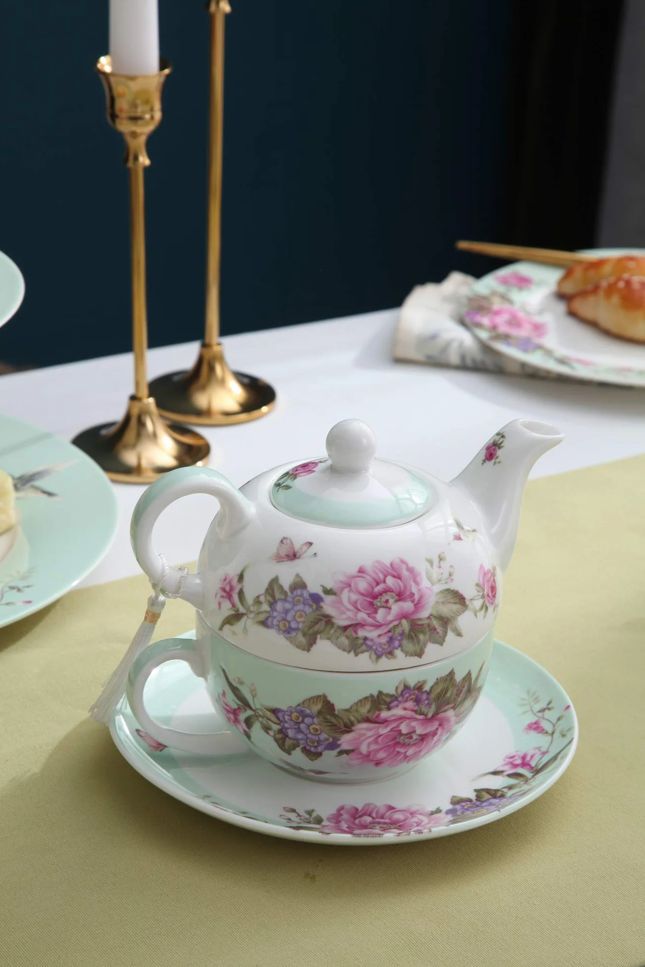 Tea for One - Juego de Tetera, diseño de Flores y Mariposas, Color Verde Azulado