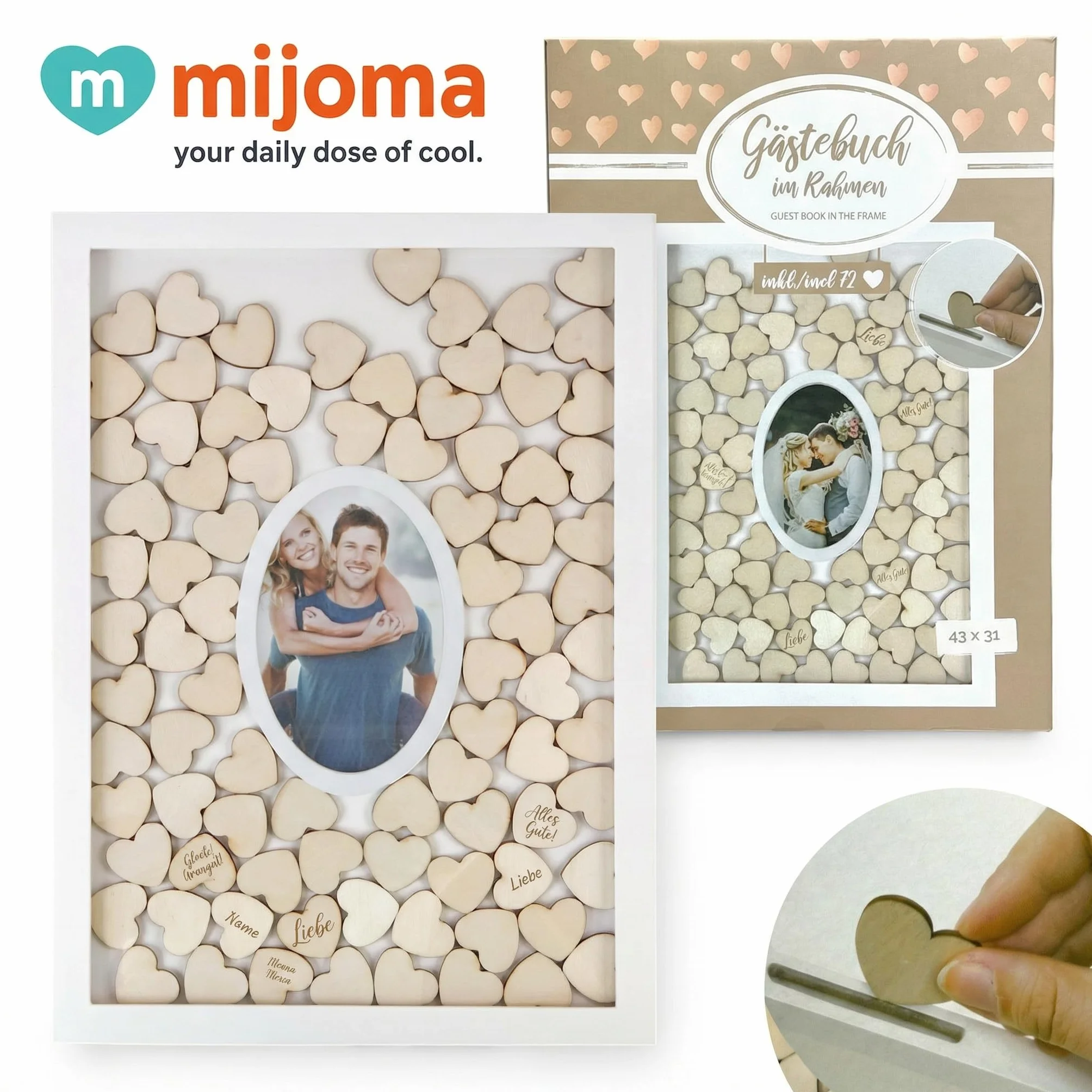 MIJOMA Marco de fotos de libro de visitas, recuerdo con 72 corazones de madera, para bodas y fiestas, color blanco y natural