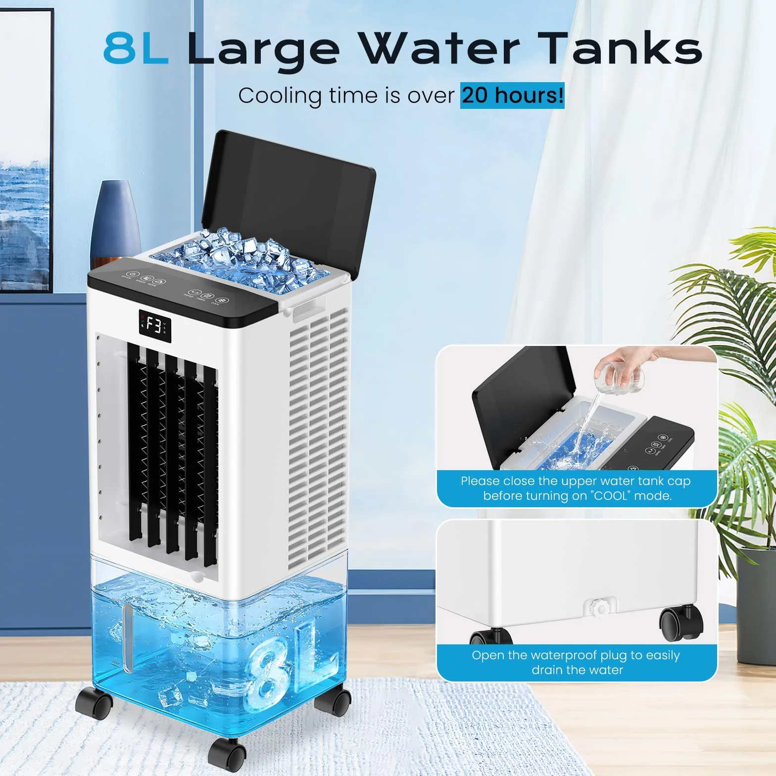 Aire Acondicionado Portátil Silencioso, Enfriador de Aire sin Tubo 4 en 1, 4 Modos 3 Velocidades, 60W Climatizador Evaporativo, Temporizadores de 1-12 H con Control Remoto, 4 Ruedas para Hogar Oficina