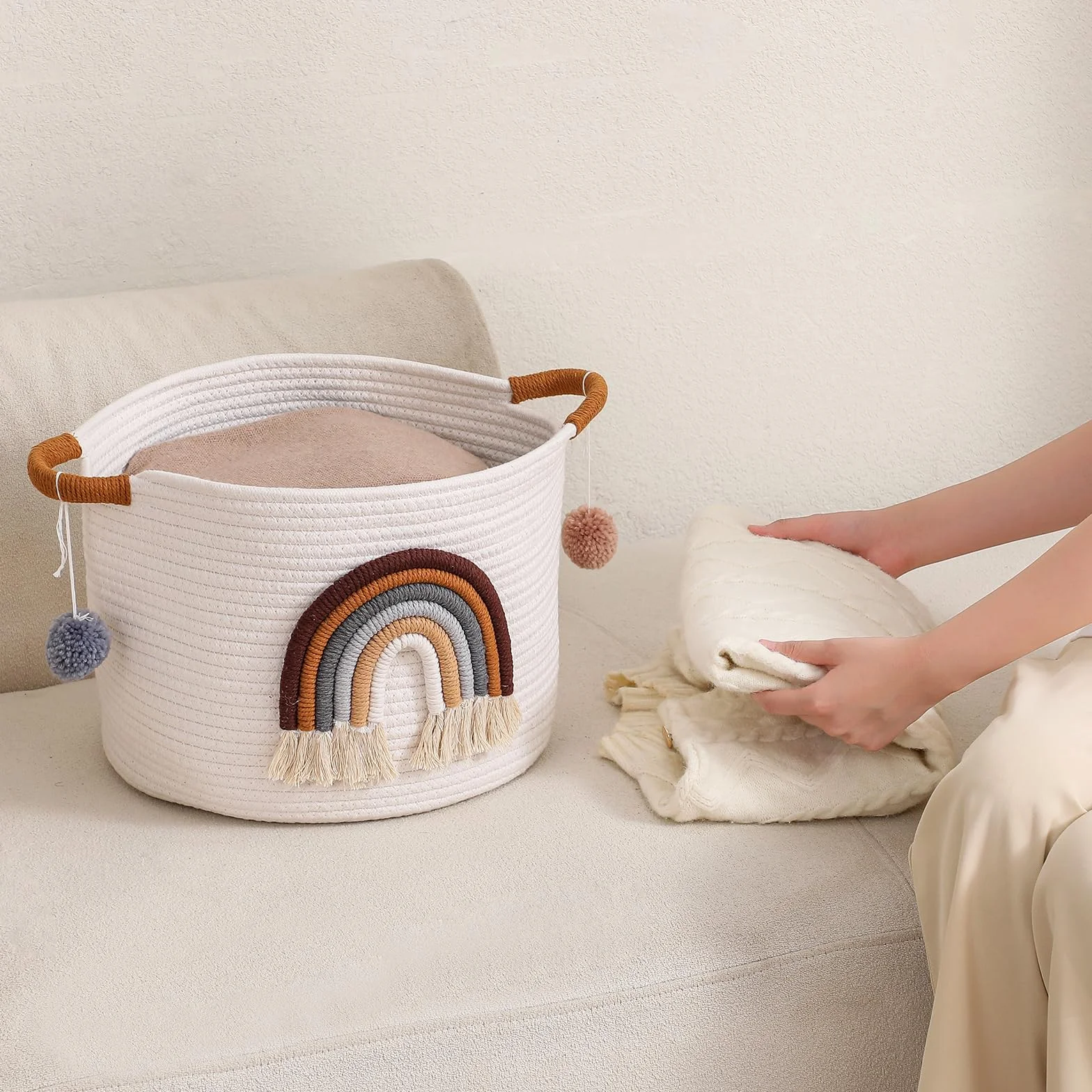 Cestas de Almacenamiento de Juguetes para Niños, Cesta de Cuerda de Algodón con Arcoíris 3D, Café