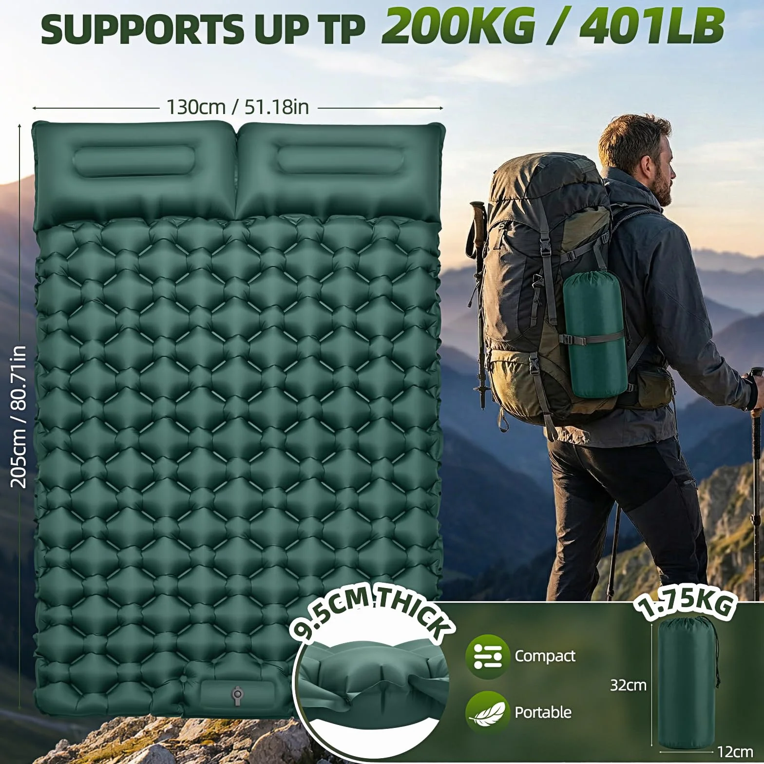 Colchoneta Camping 2 personas 9,5 cm 204 x 130 cm Autoinflable Ultraligero Inflable portátil