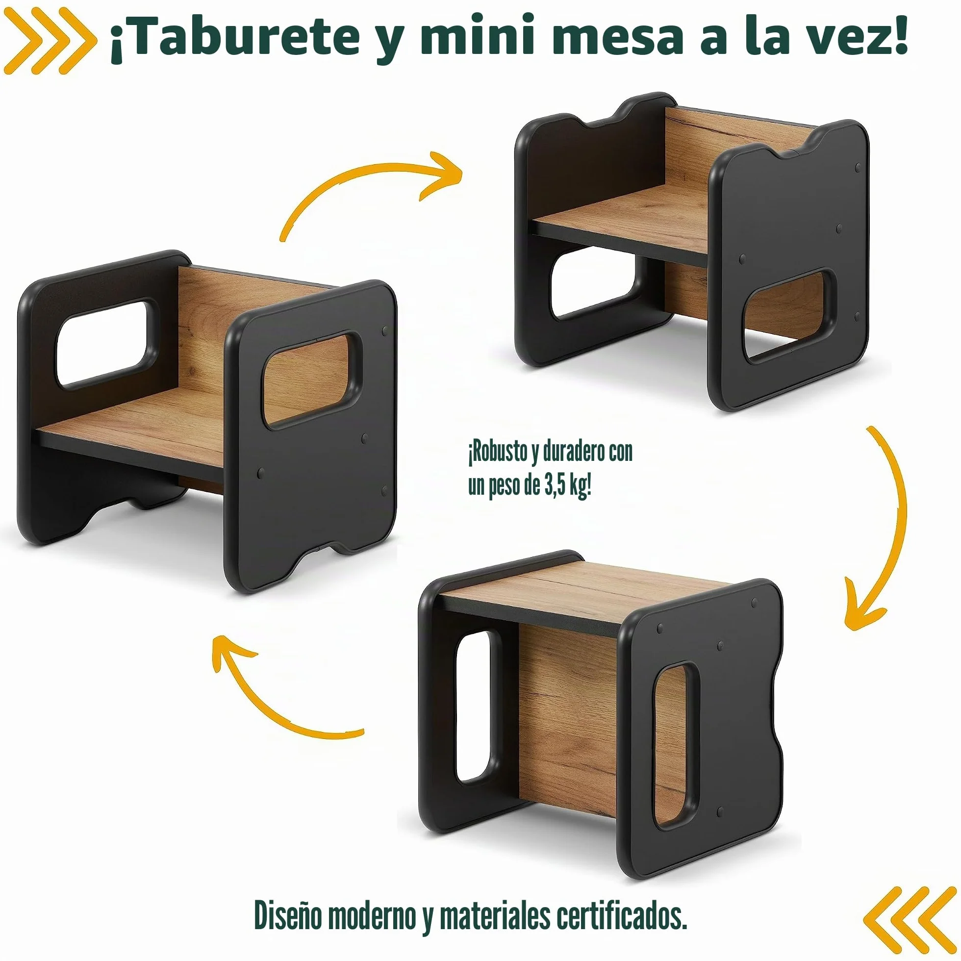 Taburete infantil de madera doble cara convertible en mesa - Negro y Roble