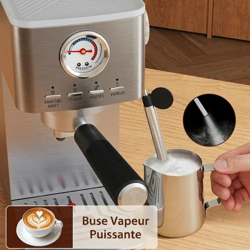 Acekool Máquina de espresso semiautomática 15 bares 1300W - Depósito 1,4L, manómetro, espumador manual - Calentador rápido, acero inoxidable, para café, capuchino, latte - plata (estándar europeo)