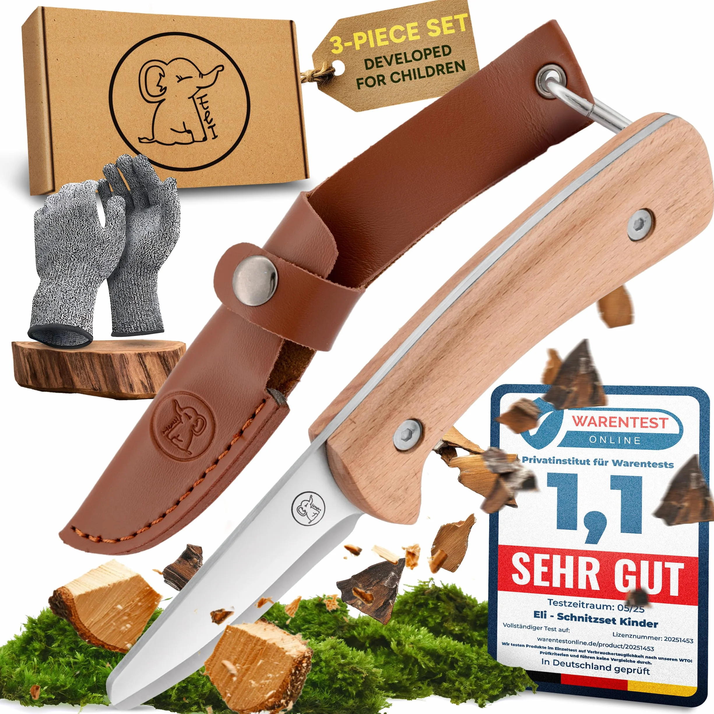Eli Cuchillo de talla para niños con funda de cuero set con guantes resistentes a cortes