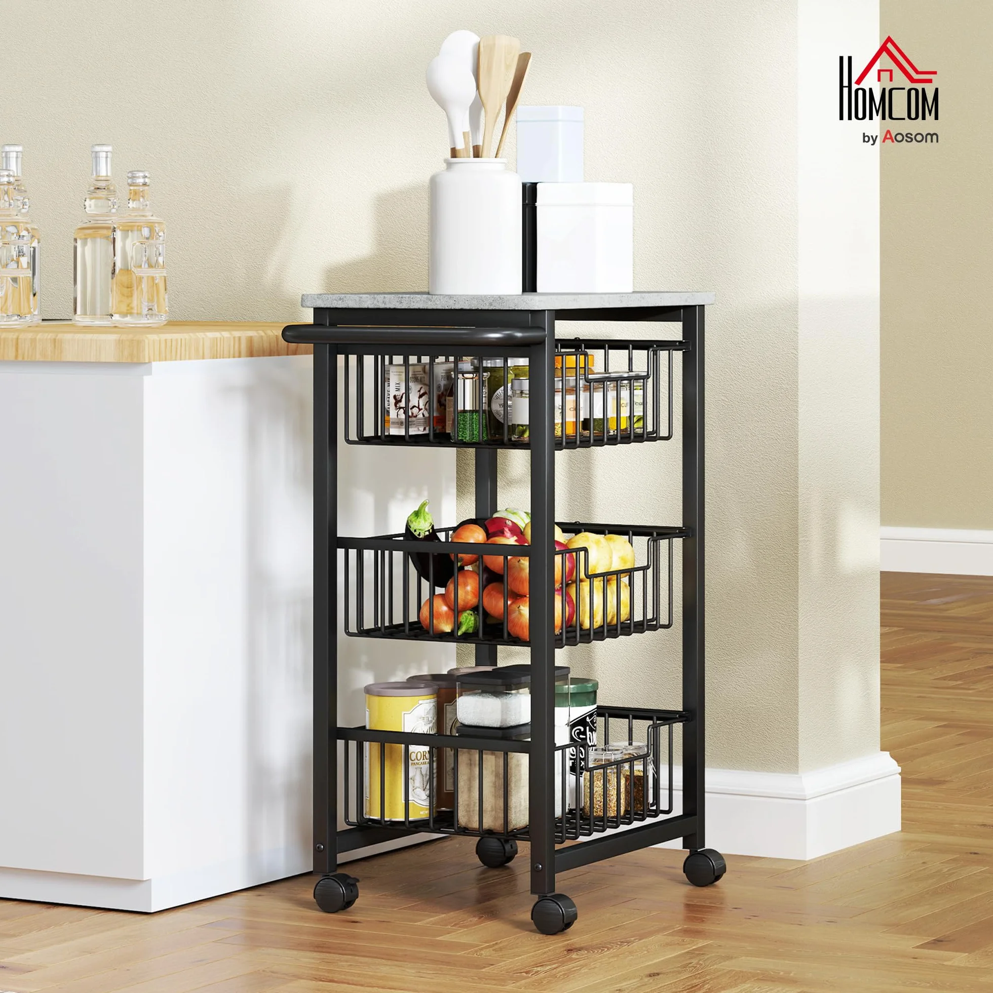 HOMCOM Carrito de Cocina Carrito Verdulero para Cocina con 3 Cestas Deslizables y Marco de Acero Carrito Auxiliar con Ruedas para Comedor 49,5x31x69 cm Gris Claro