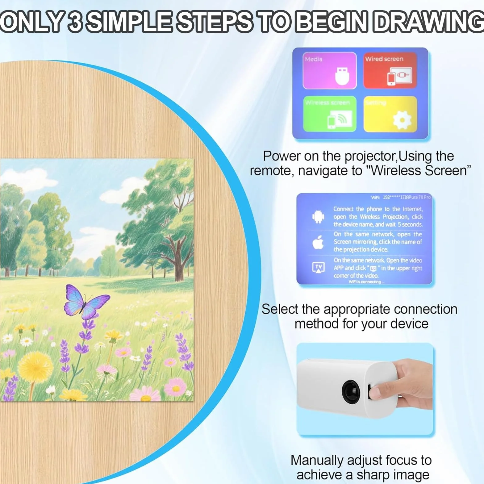 Proyector de Dibujo, Proyector de Arte para Calcar, Dibujar y Pintar, Compatible con teléfonos móviles, Unidades Flash USB, Wi-Fi y conectividad USB para una fácil Transferencia de imágenes