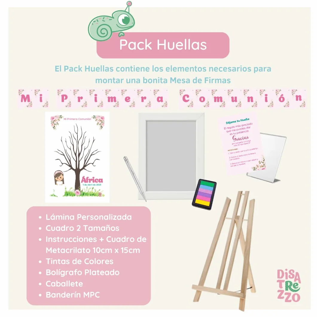 Disatrezzo - Árbol de Huellas Personalizado para Comunión Niña– Kit Completo con Marco, Tintas, Bolígrafo, Instrucciones, Caballete y Banderín Mi Primera Comunión. Libro de Firmas y Dedicatorias.