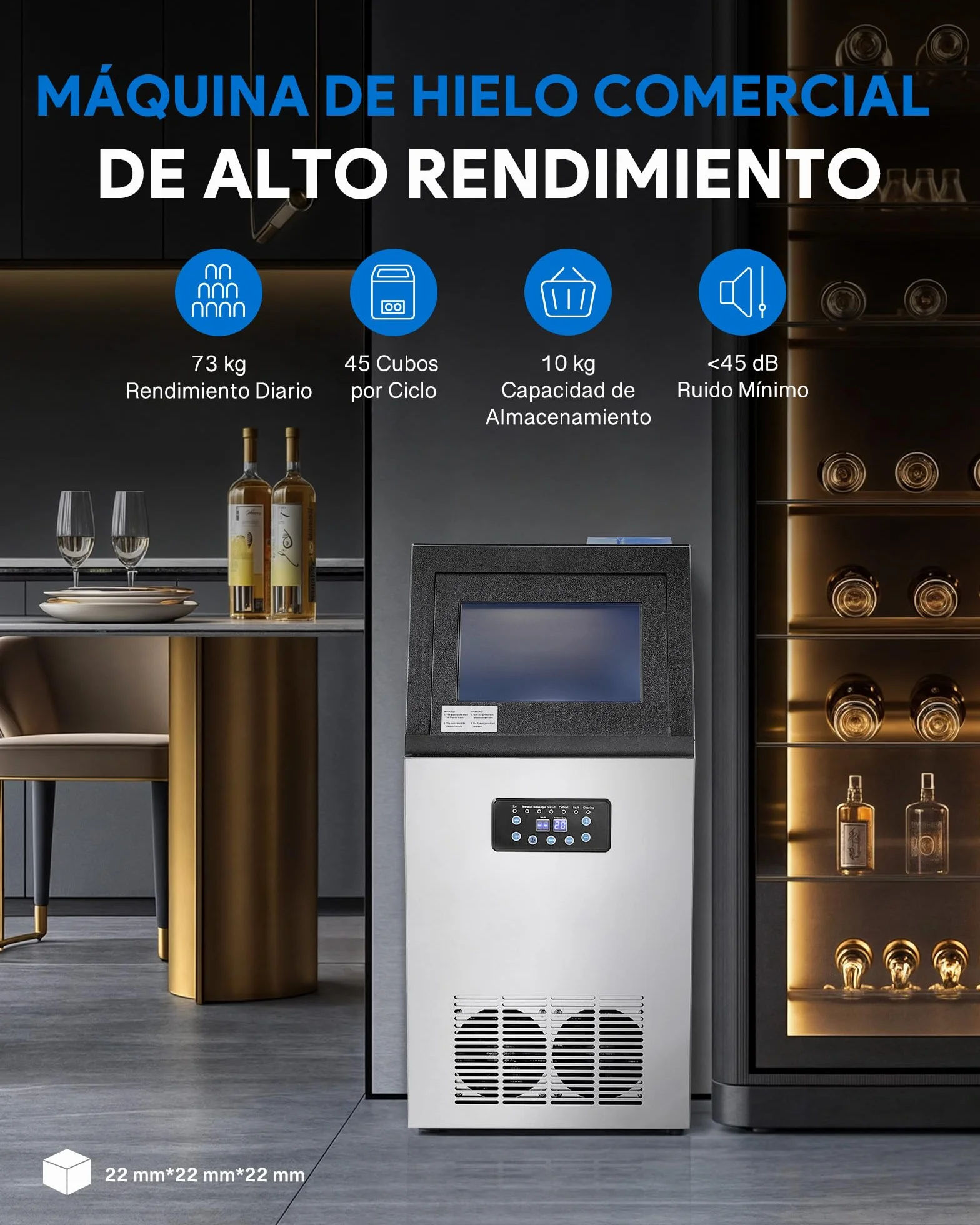CREWORKS Máquina de Hielo Industrial 73 kg/24 h, 45 Cubitos por Ciclo, Almacenamiento 10 kg, Máquina para Hacer Hielo en Cubos para Bar, Restaurante y Cafetería