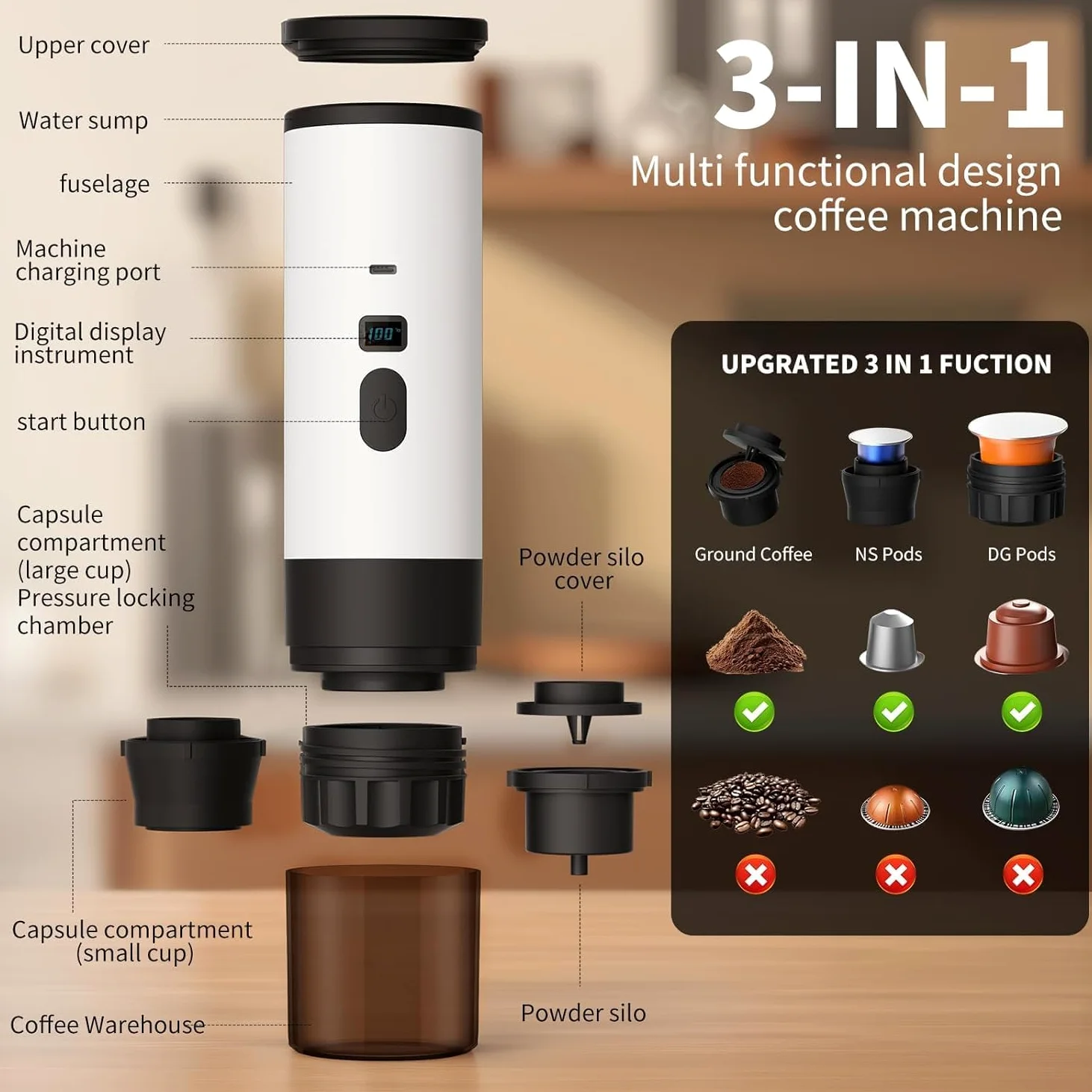 Cafetera portátil 3 en 1 con pantalla LED, tanque de 90 ml, autocalentamiento, compatible con café molido y cápsulas de espresso