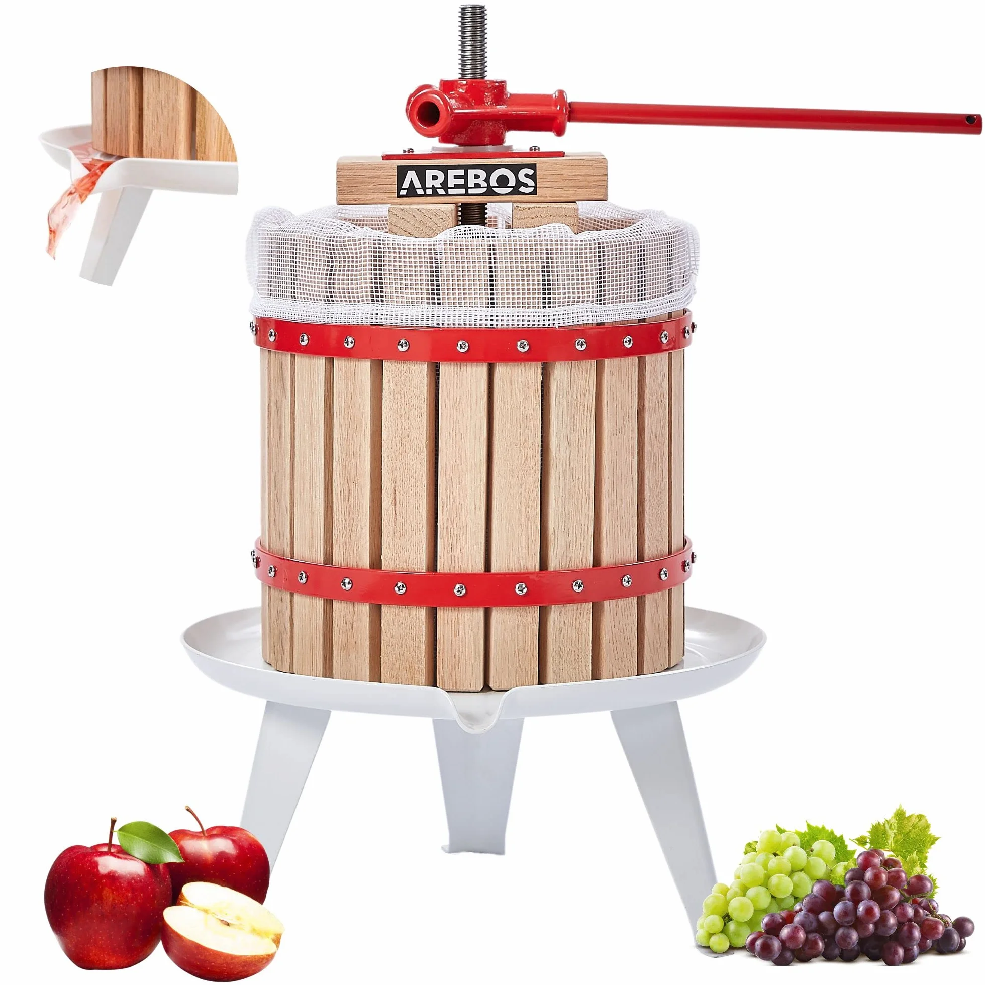 Arebos Prensa de Frutas 12L | Prensa Manual de zumos I Prensa de Bayas Incl. paño de prensado, Placa de presión y husillo metálico I para Todo Tipo de zumos y Verduras