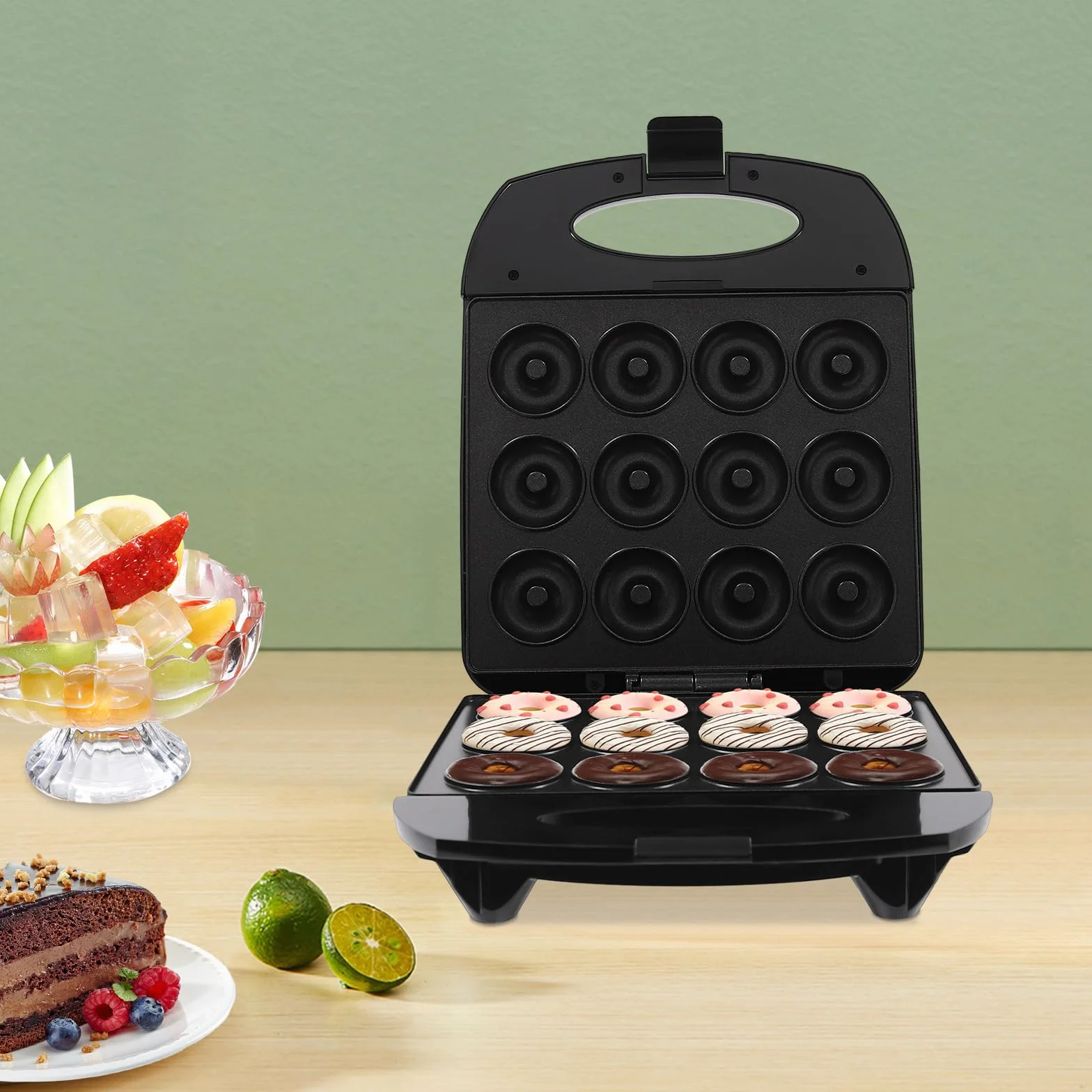 Mini donut eléctrico antiadherente 1200 W para 12 mini donuts, control automático de la temperatura, panel de doble cara integrado, sencillo donuts caseros para fiestas familiares, pastelerías