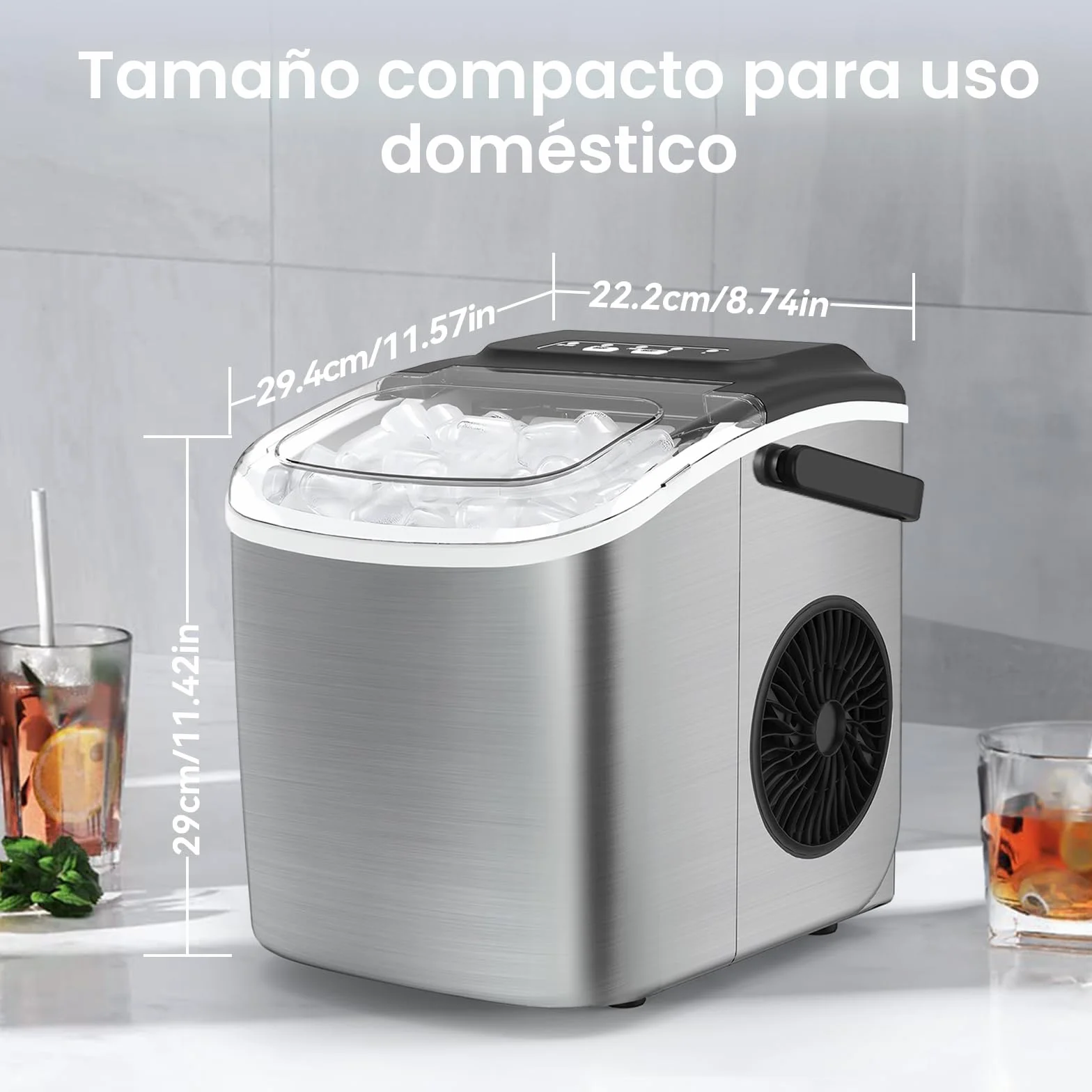 Máquina de cubitos de hielo pequeña de 1,2 litros, minimáquina de cubitos de hielo con función de, ventana de visualización, advertencia de escasez de agua, alarma con hielo (Silver)