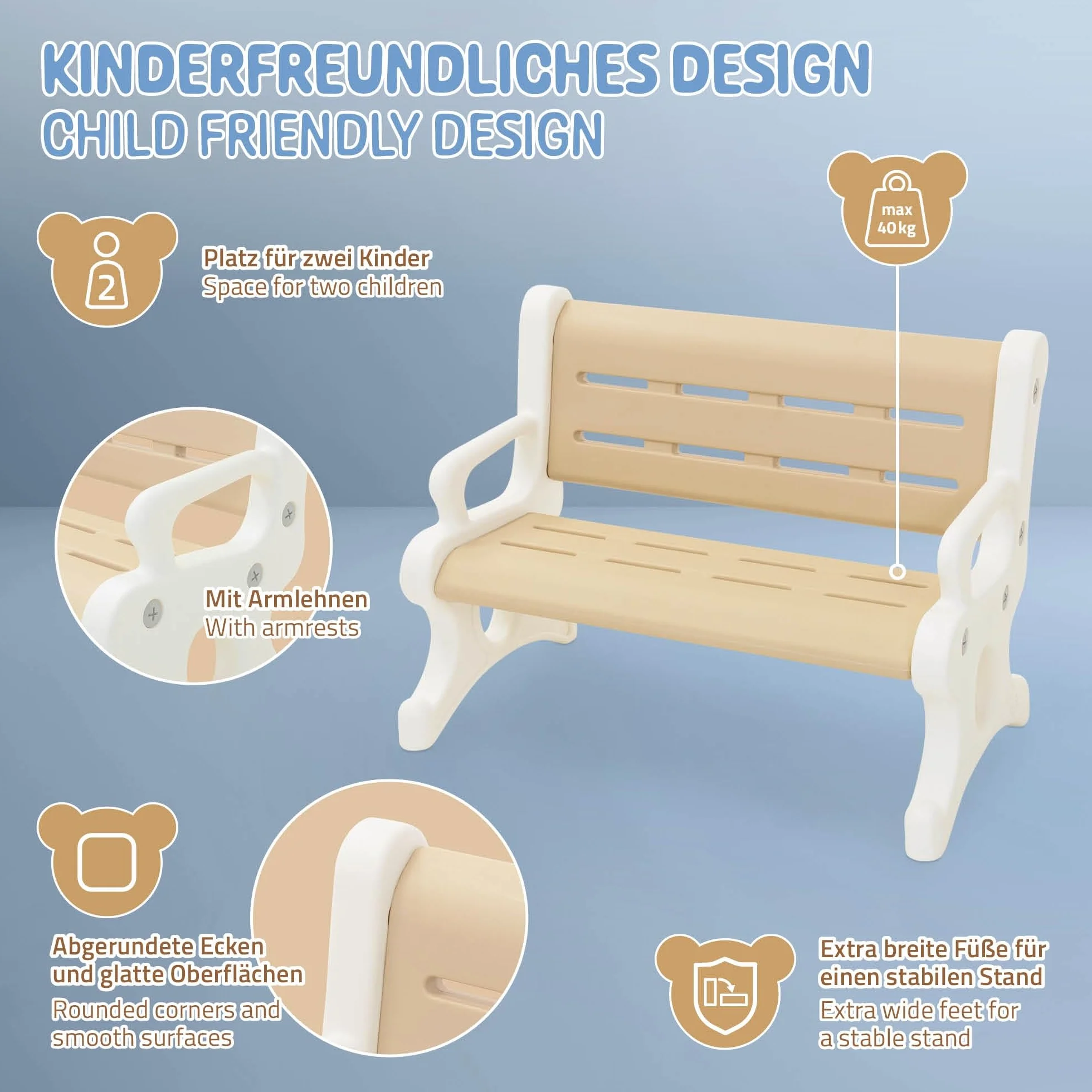 Joyz Banco Infantil Exterior 2 Asientos Plástico Marrón Blanco Resistente Intemperie 81,5x59,5x48 cm