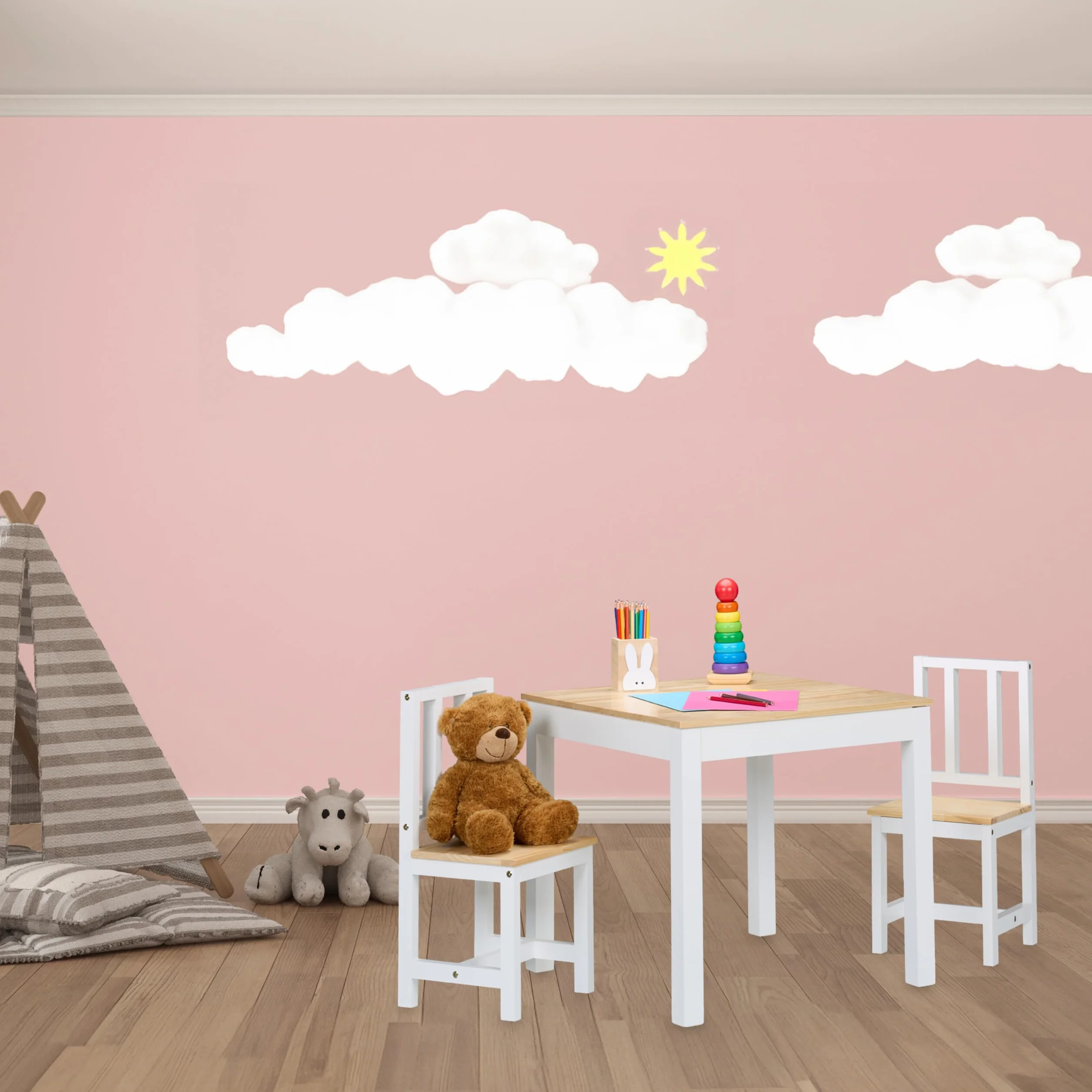 Relaxdays Mesa y 2 Sillas Infantiles, 3 Piezas, Mobiliario para Niños y Niñas, Set de Muebles Dormitorio, Blanco/Natural