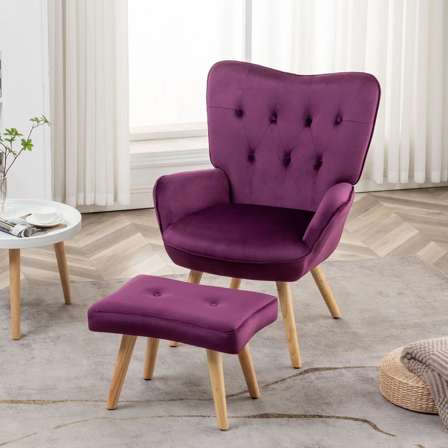 HollyHOME Sillon con Reposapies Salon Sillón Lectura Butacas de Salon Relax Comodos Sillones con Reposapiés Terciopelo Dormitorio, Púrpura