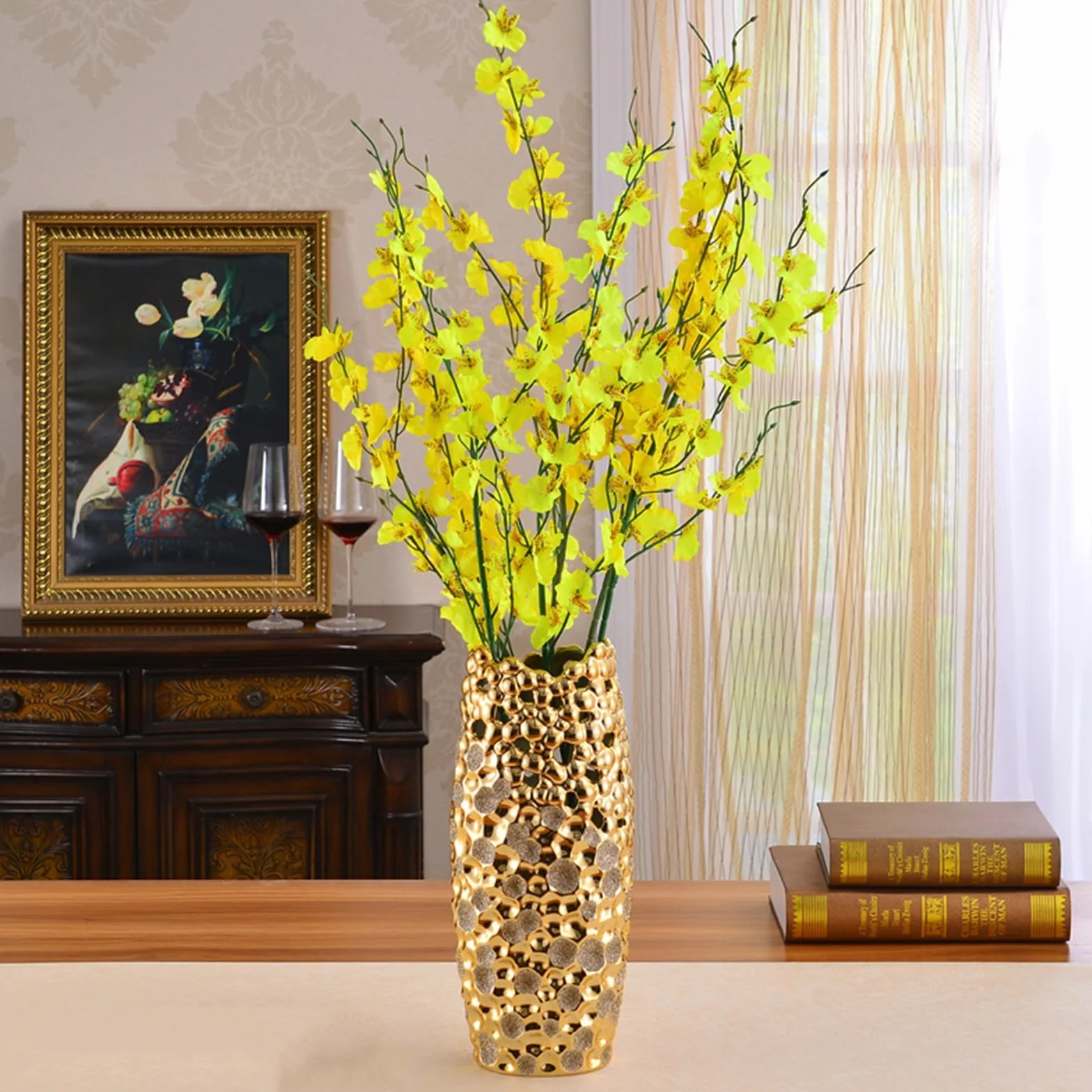 Florero Jarrón Dorado Brillante, decoración Creativa de jarrón, artesanía de cerámica, decoración del hogar, Sala de Estar, Mueble de TV, Arte Floral Moderno Jarrones para Flores