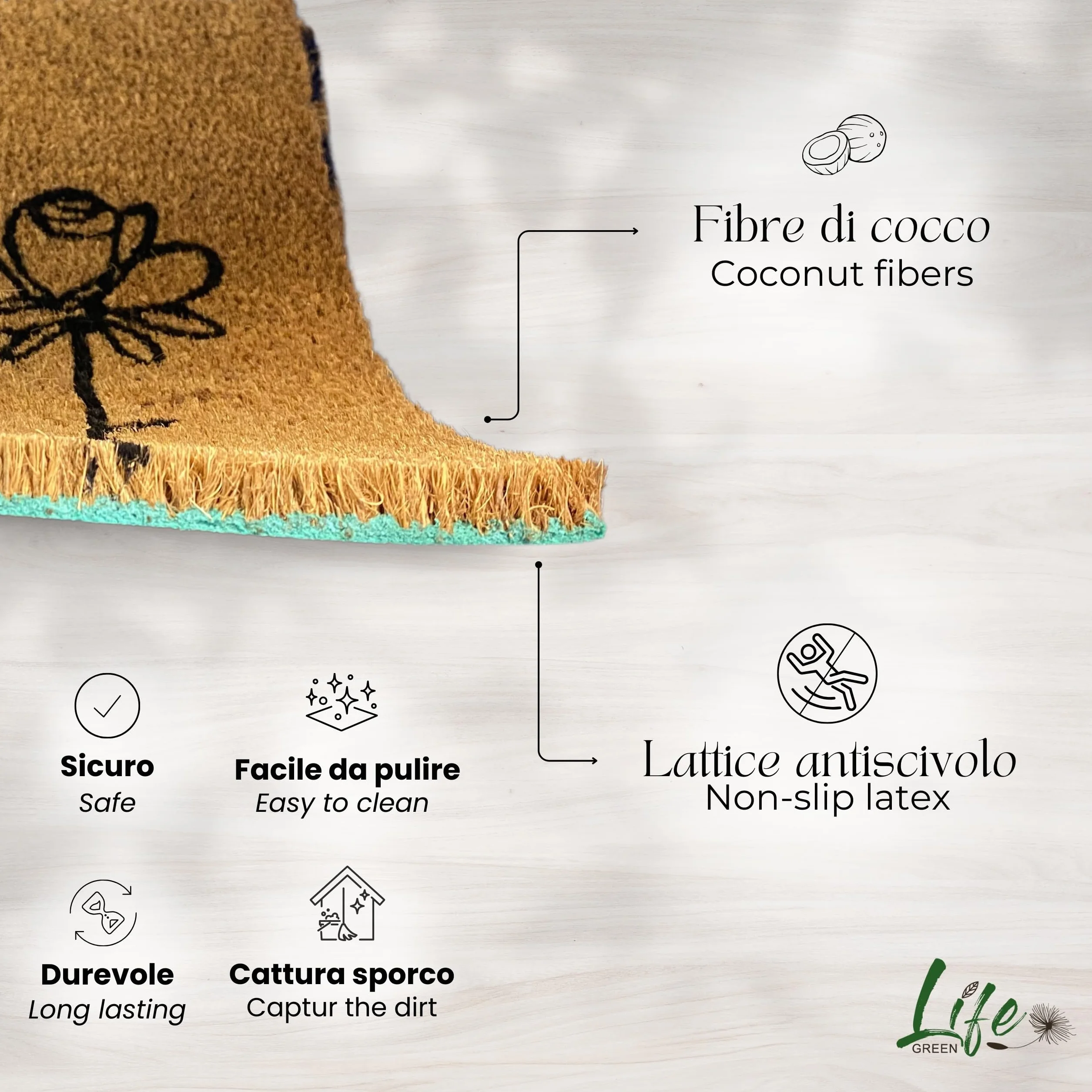 Felpudo Kera Flowers con Fibras de Coco, Alfombra antisuciedad para Entrada Rectangular, 40 x 70 cm, Fondo de látex Antideslizante – Impresión 5 Flores