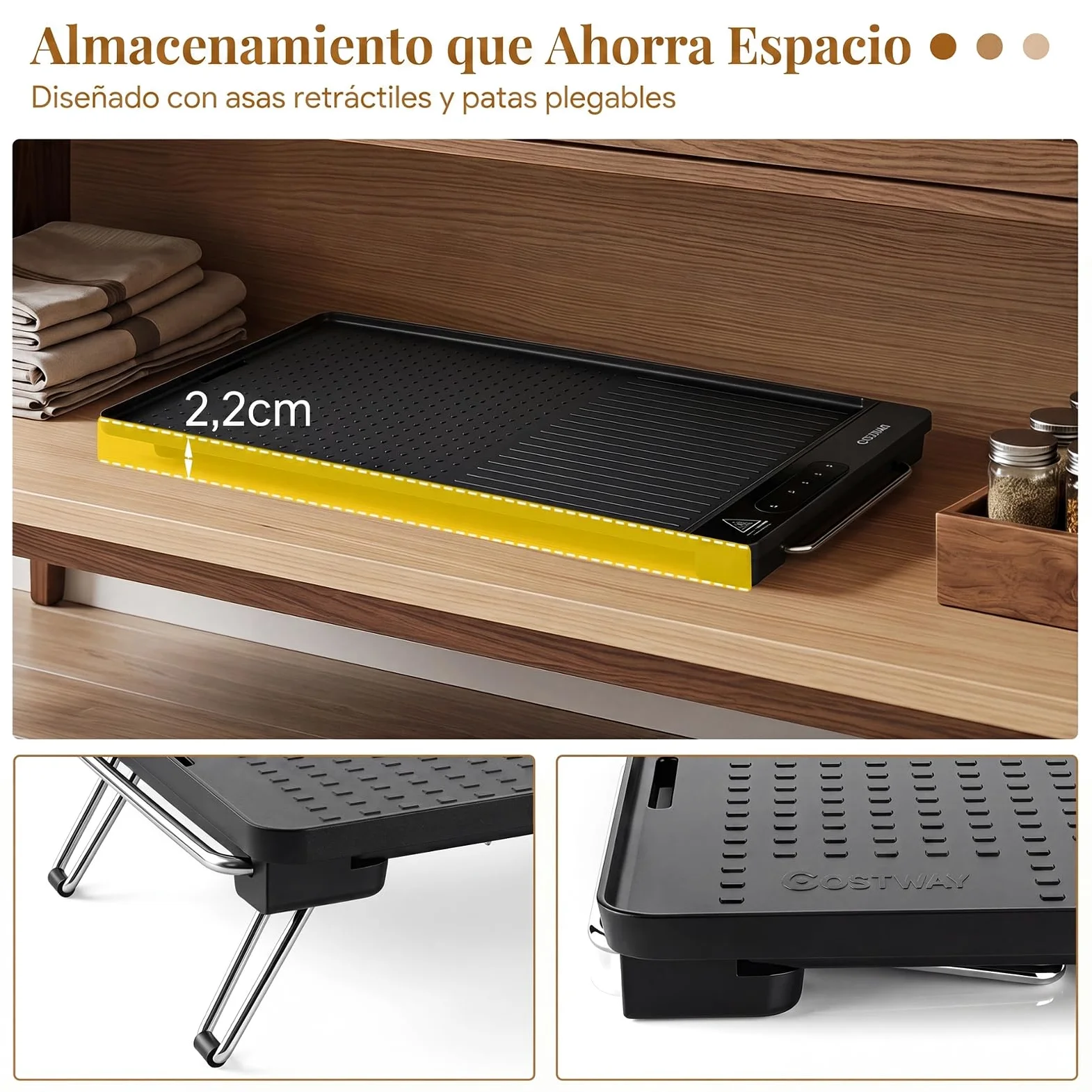 COSTWAY Plancha Eléctrica 1500 W, 60 x 28cm, Temperatura Ajustable | Parrilla Cocina con Antiadherente Extraíble, Asas Frías al Tacto y Patas Plegables, para Hogar, Picnic