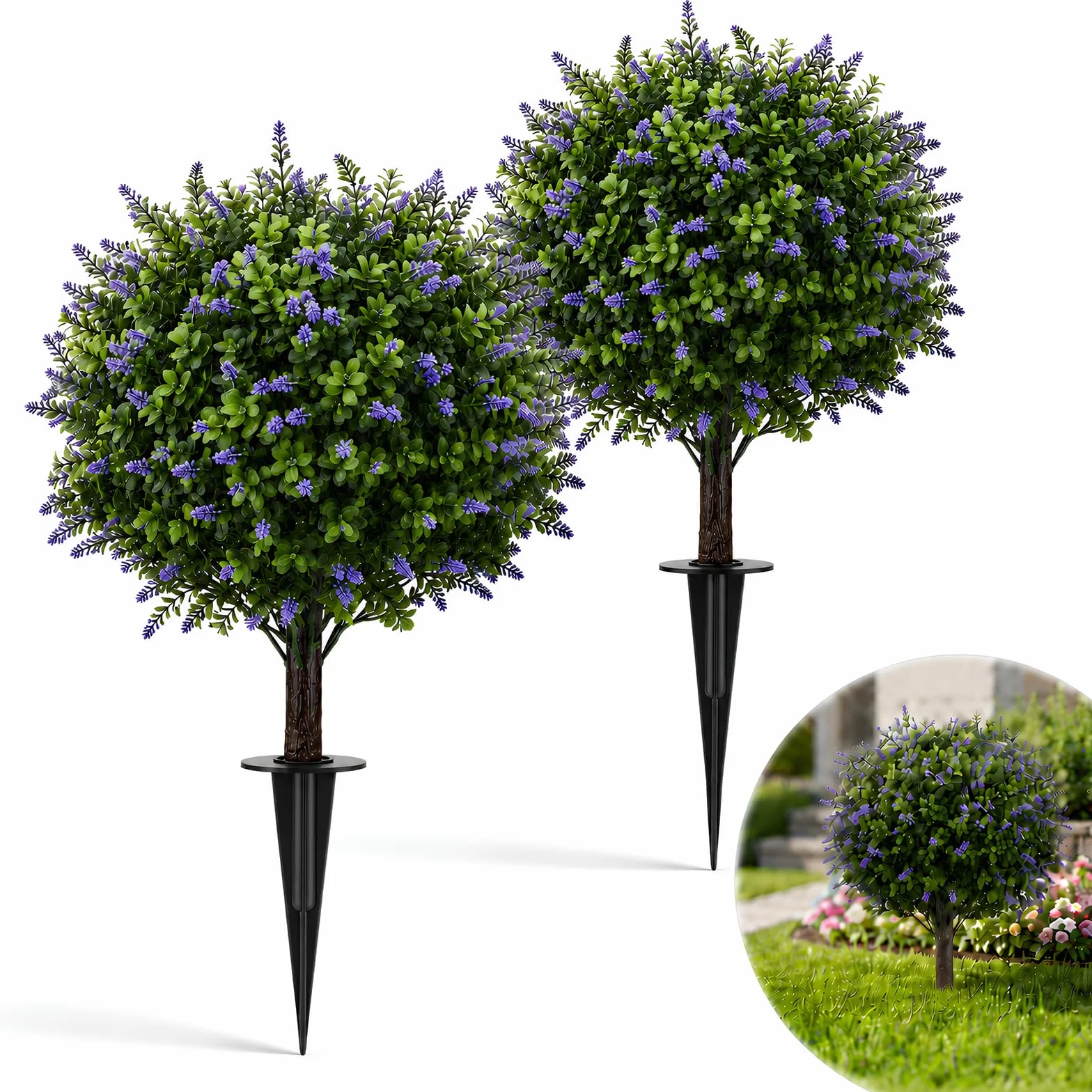 Árbol de lavanda artificial, 60 cm, juego de 2 unidades, resistente a los rayos UV, planta artificial con pico, para jardín y balcón