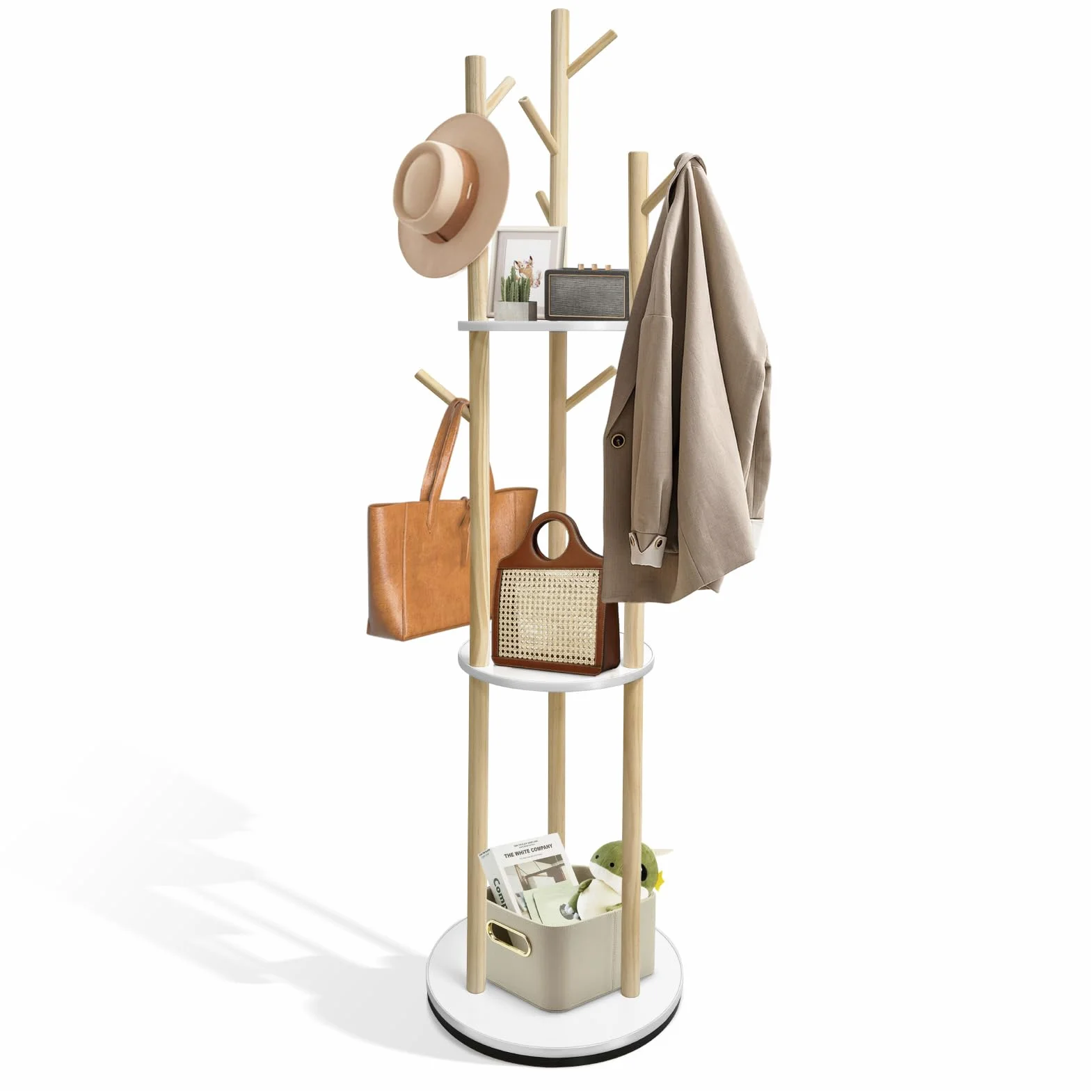 SUNDOY Perchero giratorio de madera maciza, 3 estantes y 9 ganchos, estable y fácil de montar, para pasillo y dormitorio, 165 × 41 × 41 cm, para sombreros, bufandas y bolsos (perchero giratorio)