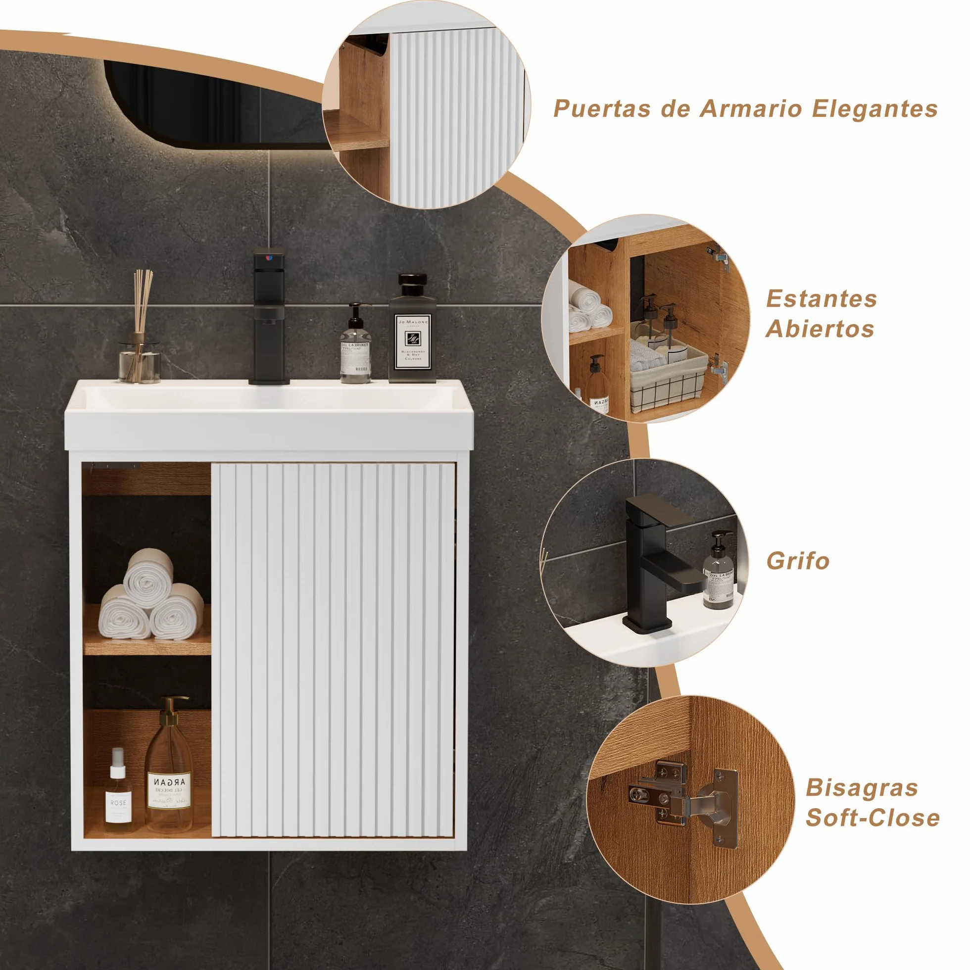 UEV Mueble de Baño con Lavabo de Resina y Grifo en el Centro, Mueble de Baño Suspendido con Diseño único y Práctico, Motivo de Rayas Verticales, 49 x 37 x 50 cm, Blanco
