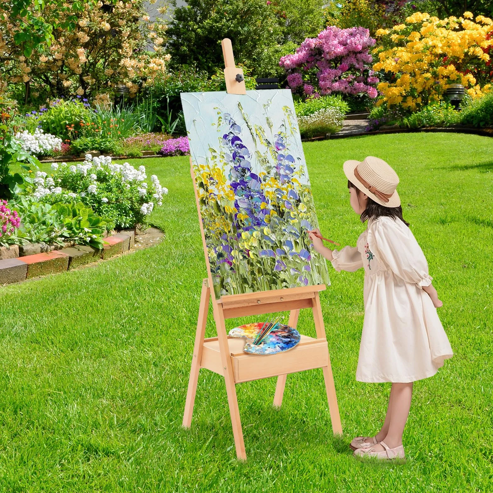 Caballete de madera de haya con cajón, caballete de pintura para lienzo, hasta 90 cm, altura ajustable, 182 cm de altura, madera maciza, color madera