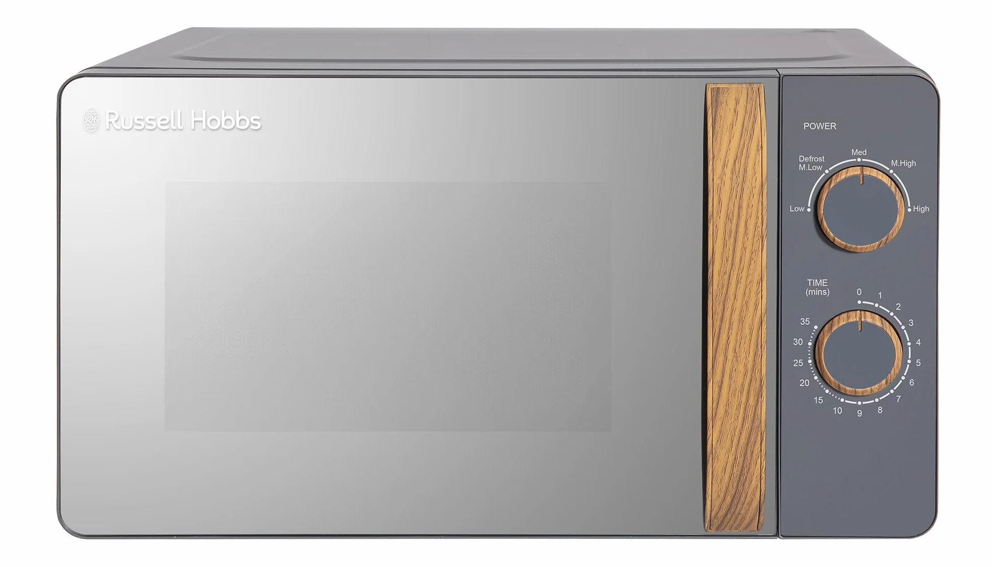 Russell Hobbs RHMM713G - Microondas manual compacto de 17 l y 700 W, estilo escandinavo, 5 niveles de potencia, maneta y diales con efecto madera, temporizador, función de descongelación, gris