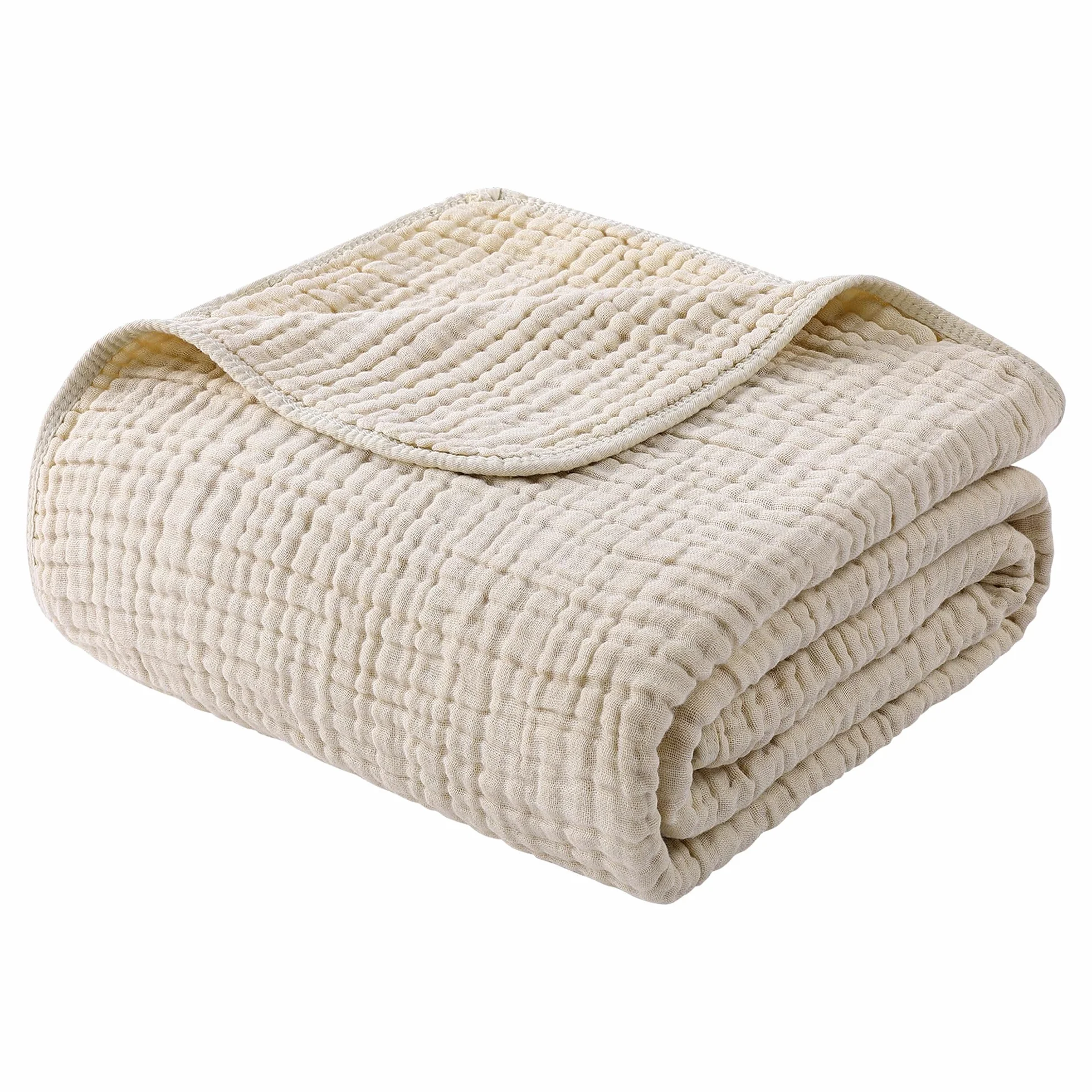 Yoofoss Manta de muselina 100% algodón, tamaño individual grande, 60 x 80 pulgadas, para cama, sofá, manta de gasa de 6 capas para adultos, ligera y transpirable, color blanco albaricoque