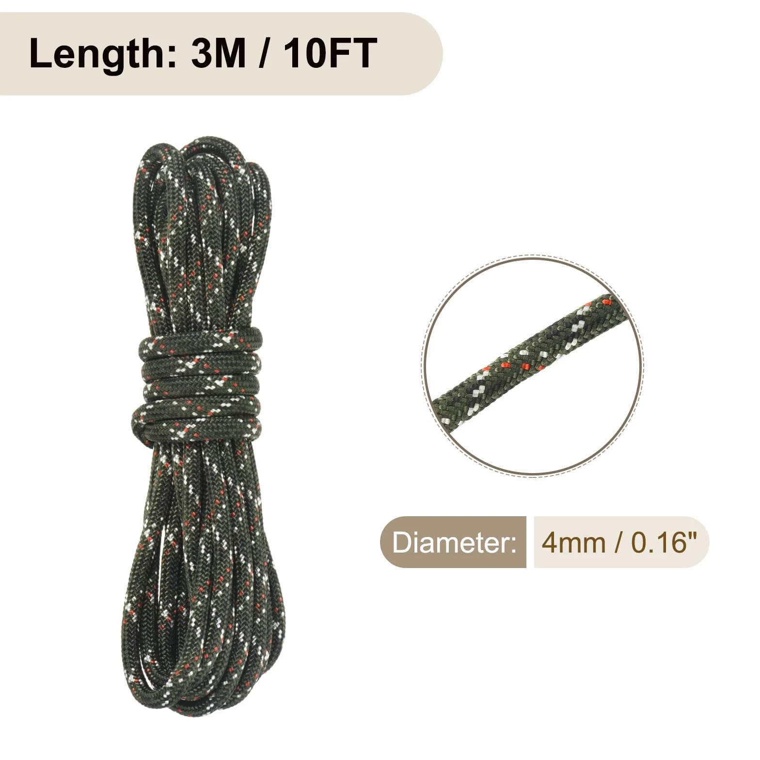 Cuerda Paracaídas 550 3 M, Nylon 4 Mm con Núcleo 7 Hebras, Negro Marrón