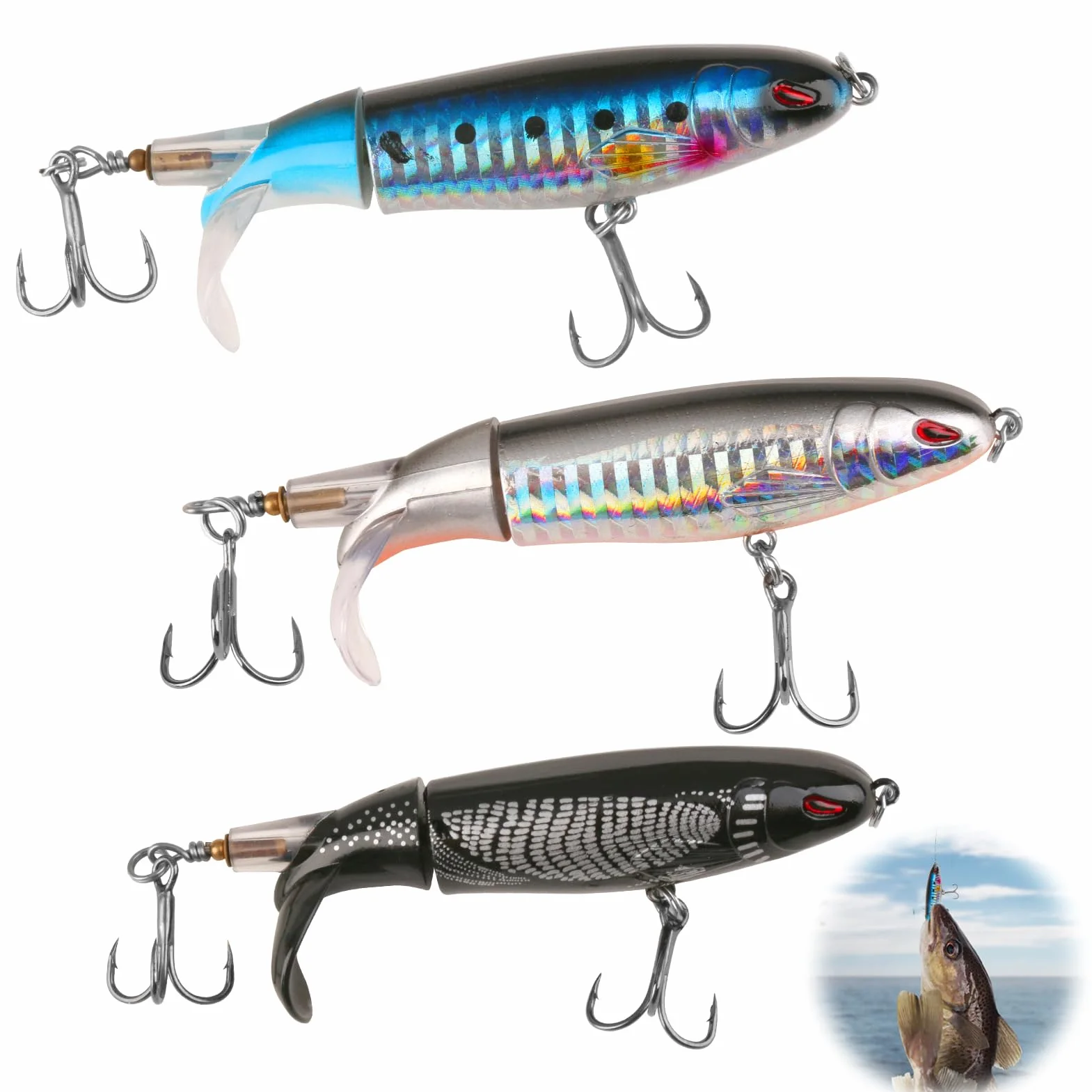 3 señuelos de pesca Topwater con anzuelos Pencil – Señuelos para bass, catfish, pike y perch – Señuelo flotante de agua salada o dulce con hélice de cola