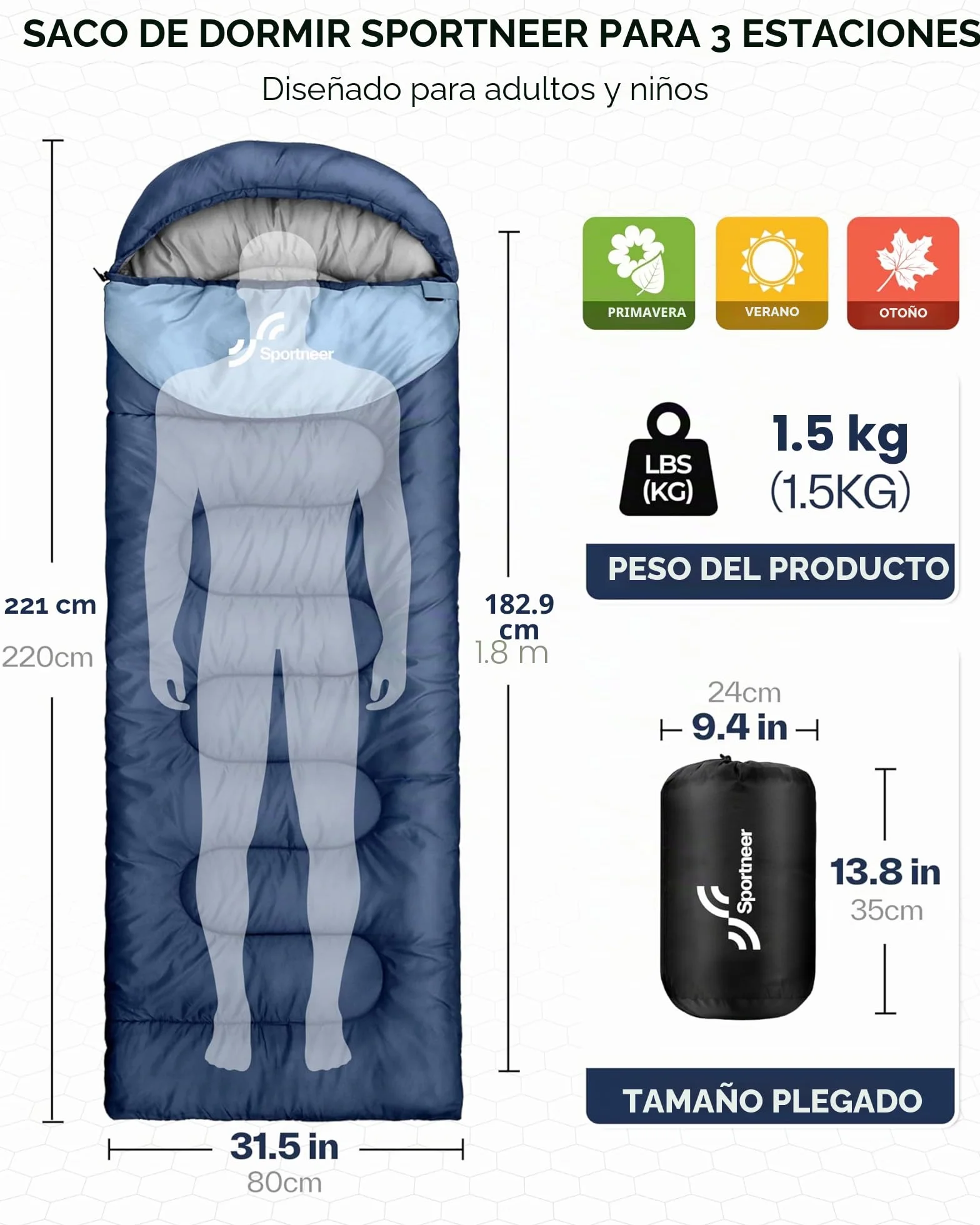 Sportneer Saco de Dormir para Exteriores Ligero Portátil Adultos Niños Camping Senderismo
