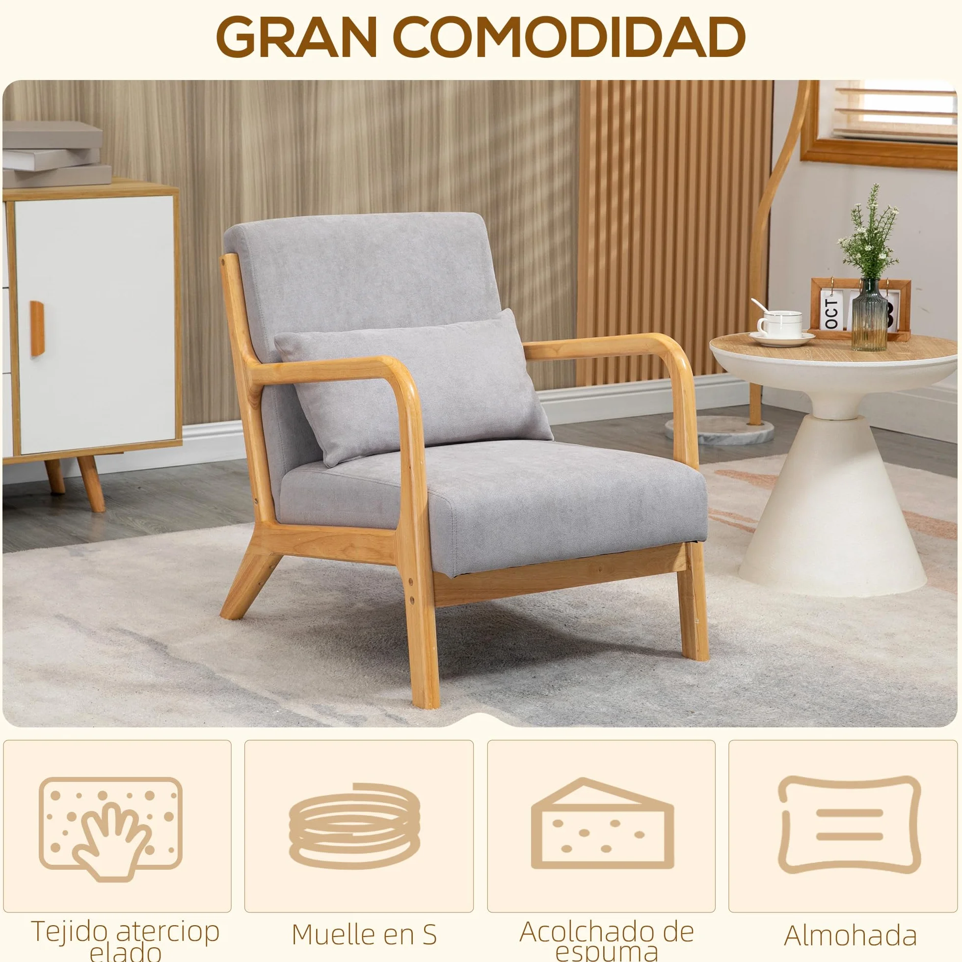 HOMCOM Butaca de Salón Butaca Nórdica Sillón de Salón con Reposabrazos Cojín y Marco de Madera de Caucho para Dormitorio Carga 120 kg 61x78x76 cm Gris