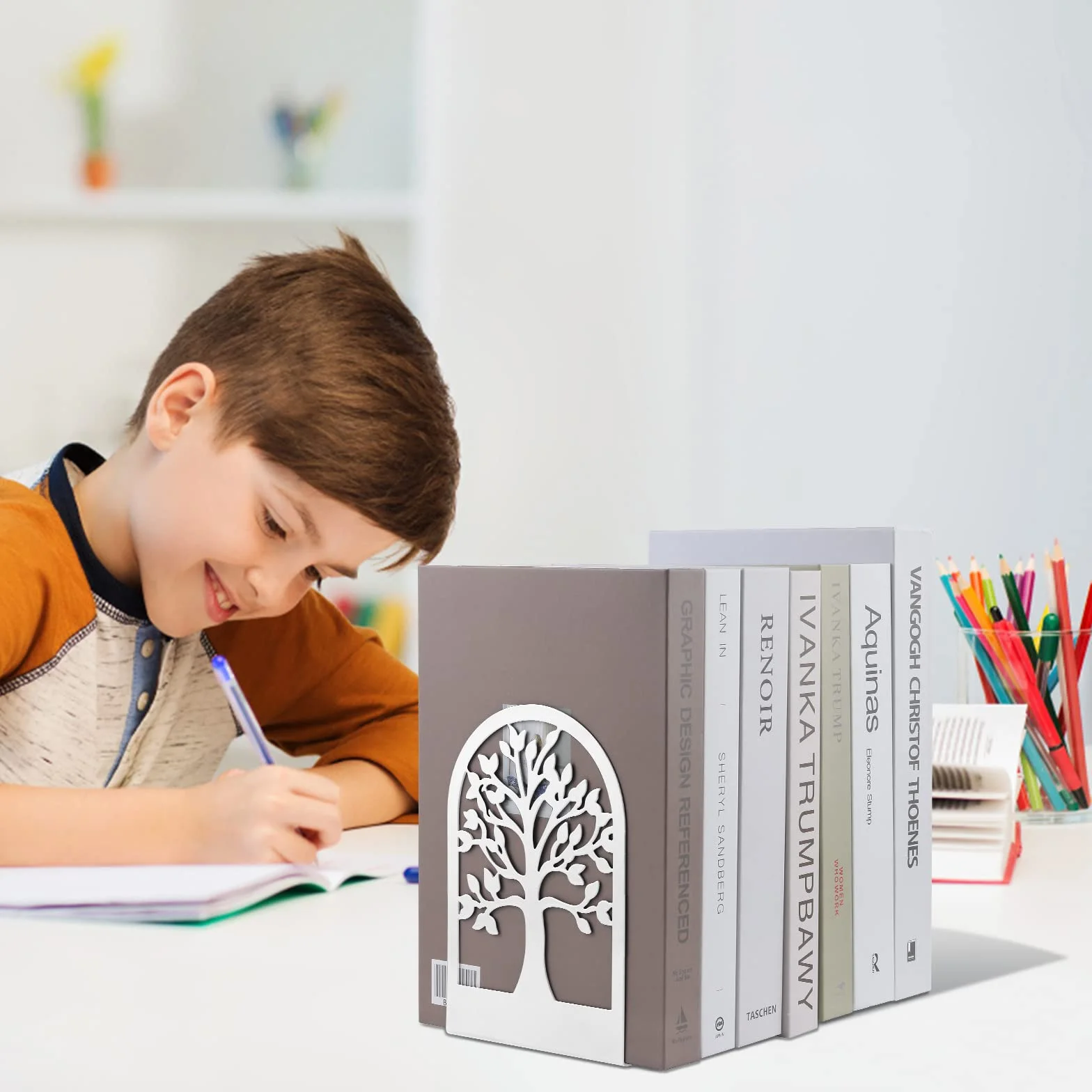 MSDADA 3 Pares de Sujetalibros de Metal para Niños, Diseño de árbol de la Suerte, Antideslizante Estantería para Oficina y Escuela Decoración Día del Niño Regalo (Blanco)