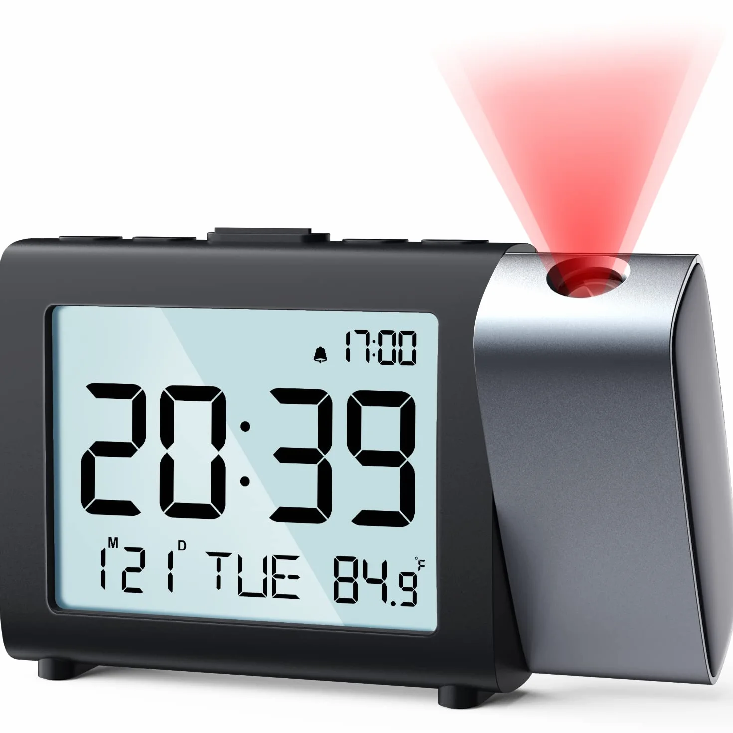 Reloj despertador de proyección digital: Pantalla LCD clara con temperatura fecha 12/24H y modo fin de semana, brillo y volumen ajustables, Reloj a pilas para niños ancianos dormitorio (Rojo)