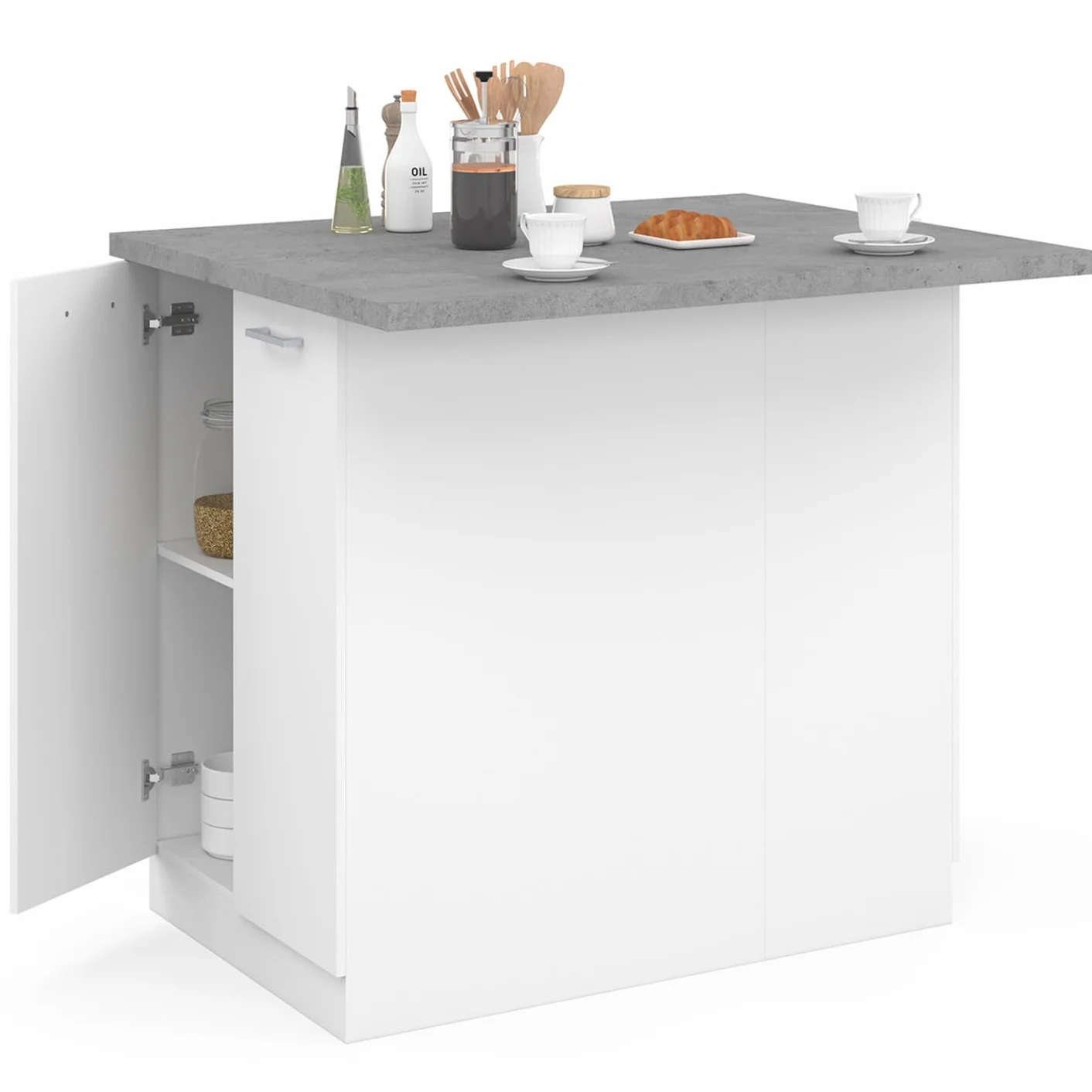 IDMarket - Ilot Central IVO 120 cm, color blanco con superficie de trabajo, efecto hormigón