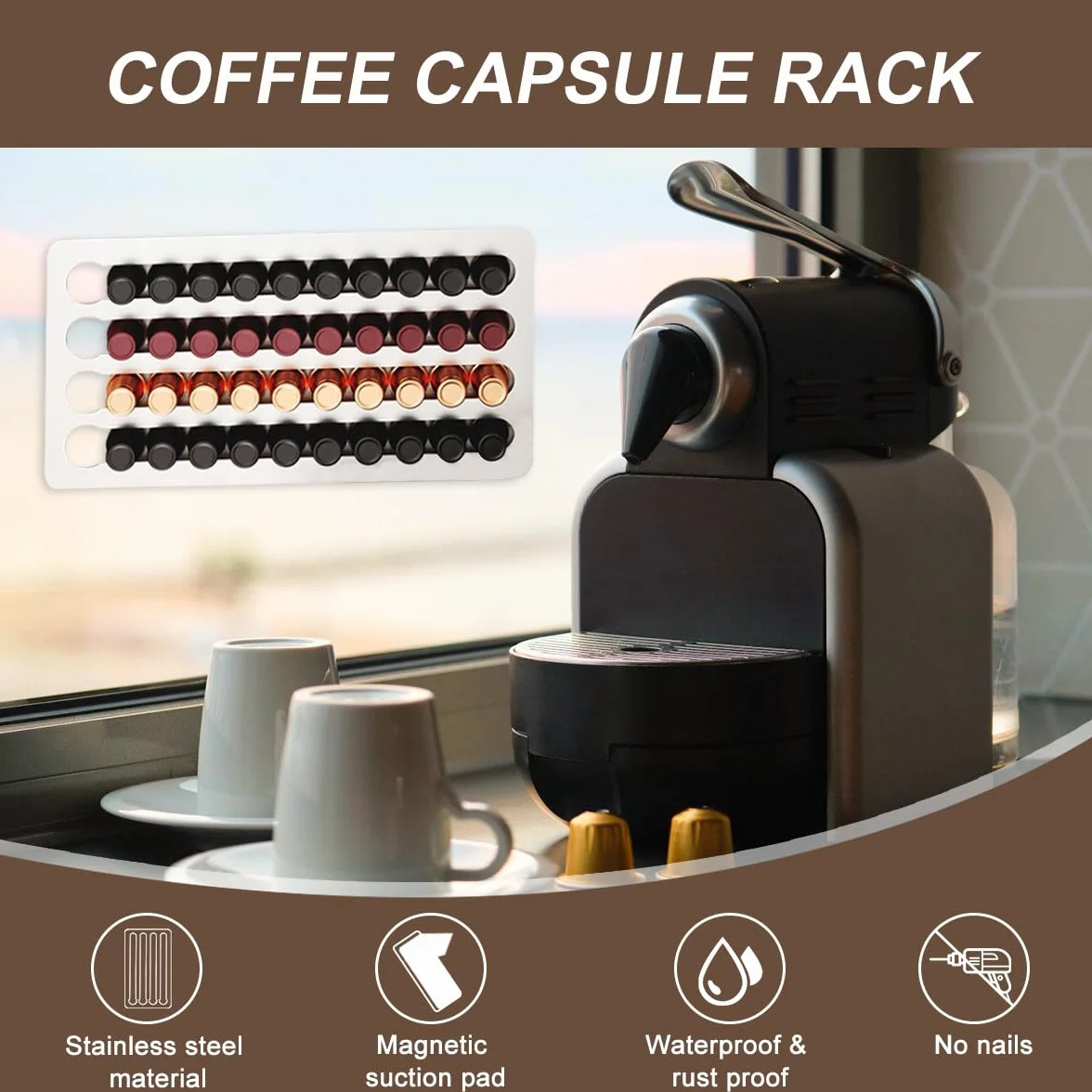 Porta Dispensador Guarda Capsulas para Nespresso,40,5x22cm Inoxidable Soporte Capsulas para Nespresso Vertuo,3M Cinta Adhesiva Soporte para Cápsulas de Café, para Almacenamiento de 40 Cápsulas Café