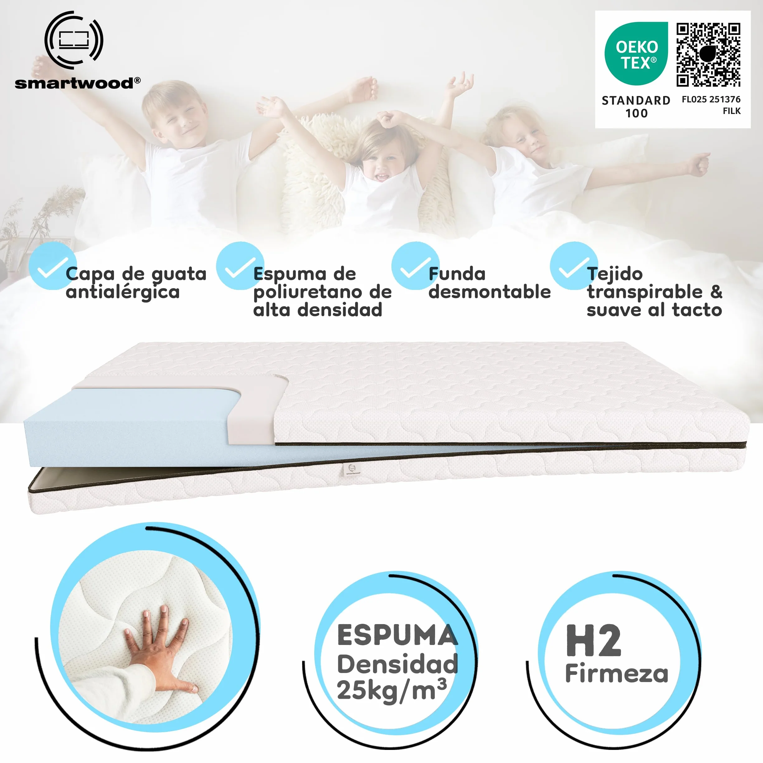 smartwood Colchón 80x140 9 cm Infantil - Colchon Espuma H2 - Certificación Oeko-Tex - Reversible – Funda Transpirable Antialérgica Lavable | Made in UE