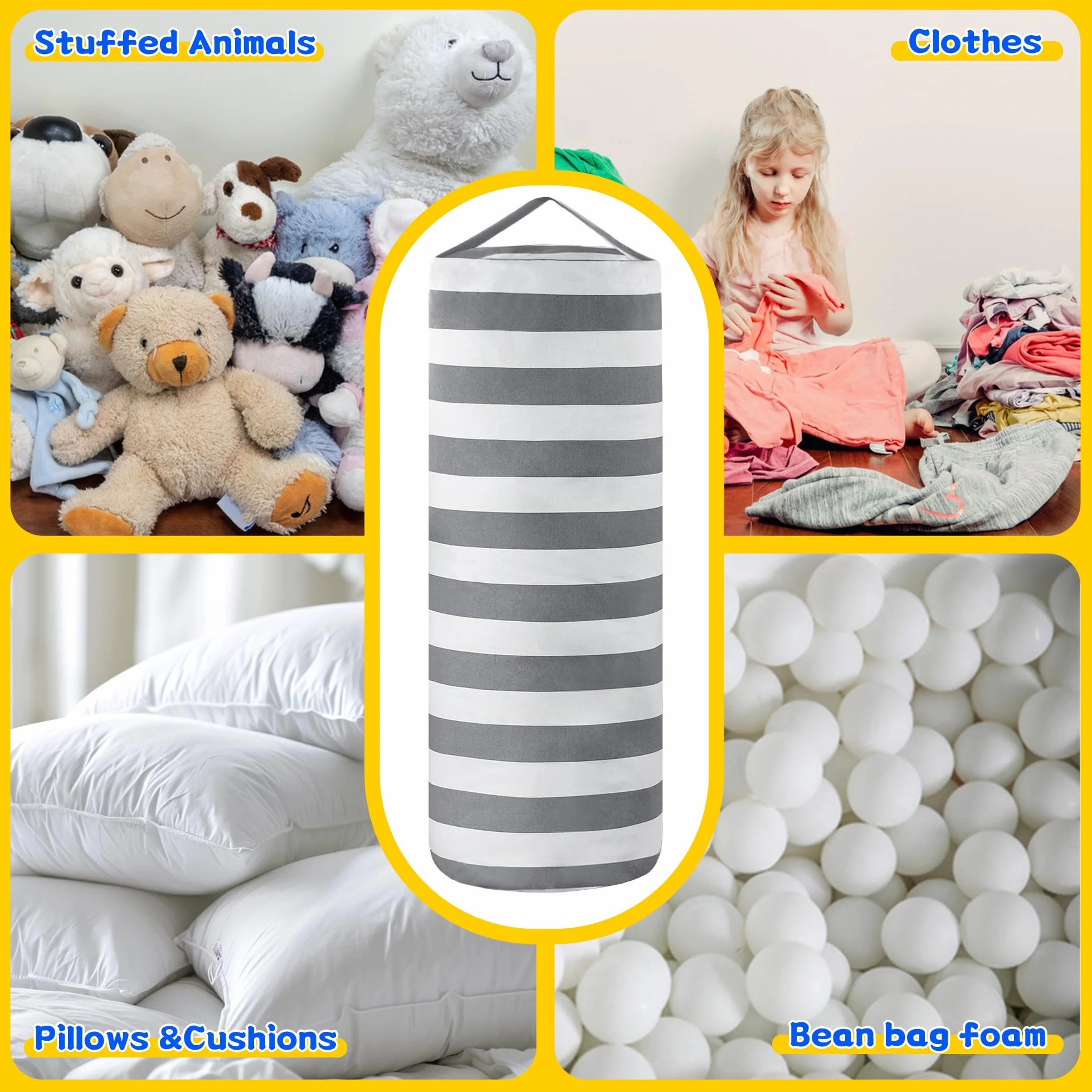 Funda para puf de almacenamiento de animales de peluche para niños, bolsas organizadoras de juguetes de peluche para niños y niñas, una cremallera de longitud completa, decoración de muebles