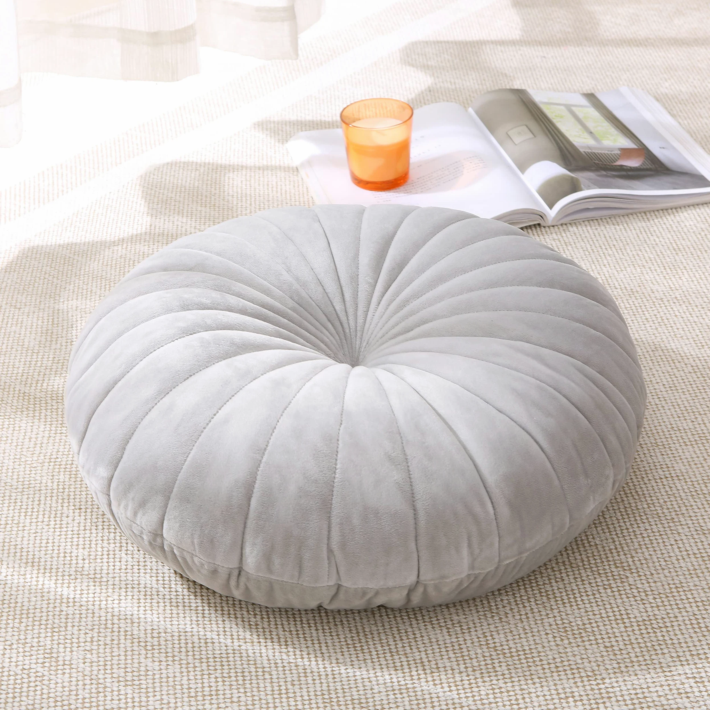 Almohada de suelo redonda grande para adultos, cojines gruesos de terciopelo para yoga, sala de estar, balcón, tatami al aire libre, 18 pulgadas (gris)