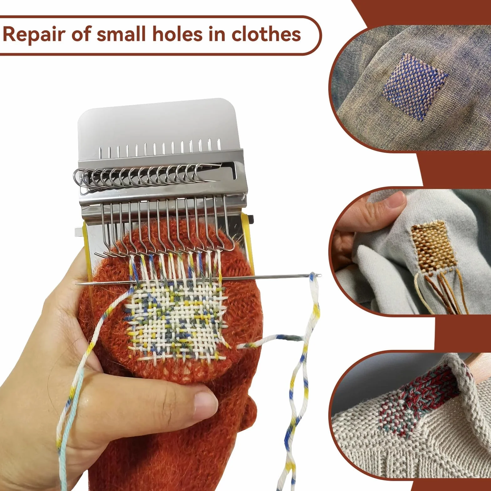 Telar, Telar De Zurcir Herramienta De Tejido Tipo Speedweve Ganchos De Acero Inoxidable Disco De Madera De Pino Kit De Telar Pequeño Reparación Rápida De Agujeros De Ropa Mini Telar (14 Hooks)